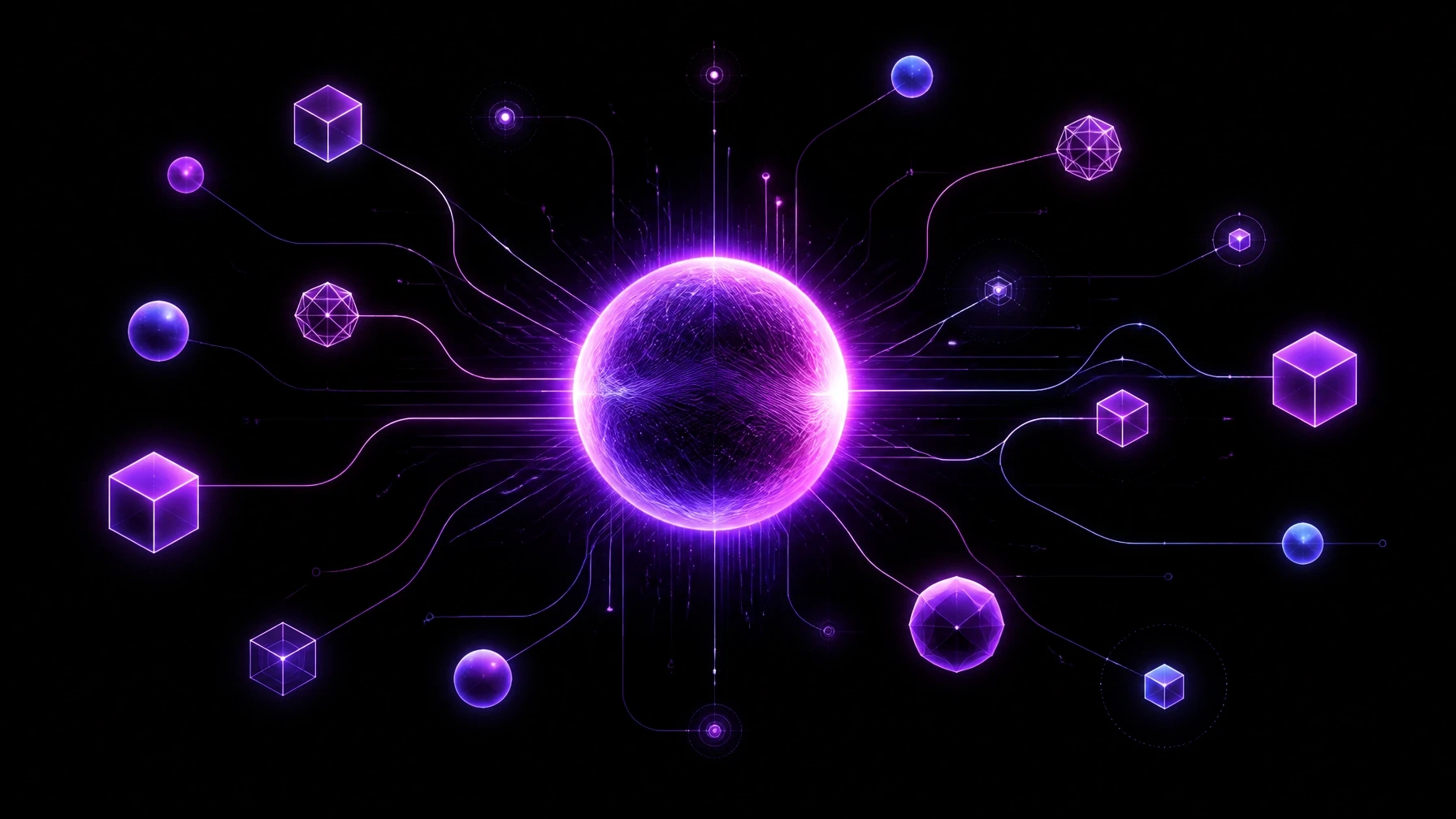 a modern illustration of various 3d shapes centered around a glowing orb representing AI