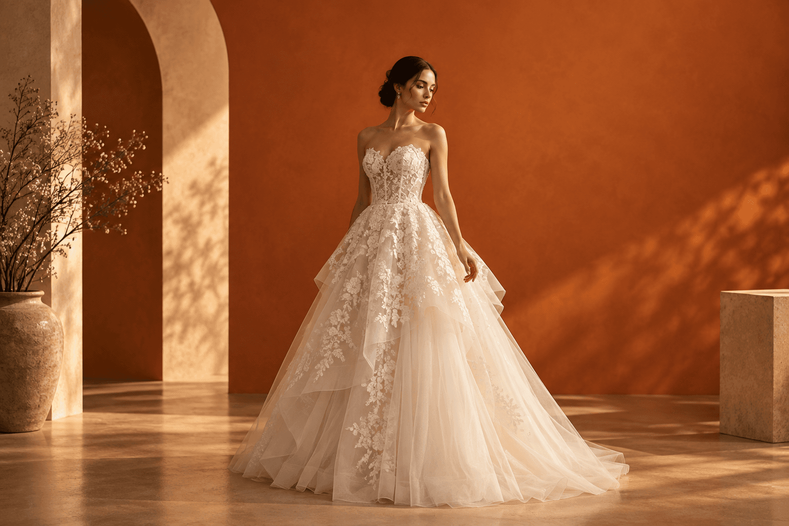 Bride in a tulle ballgown against an orange backdrop