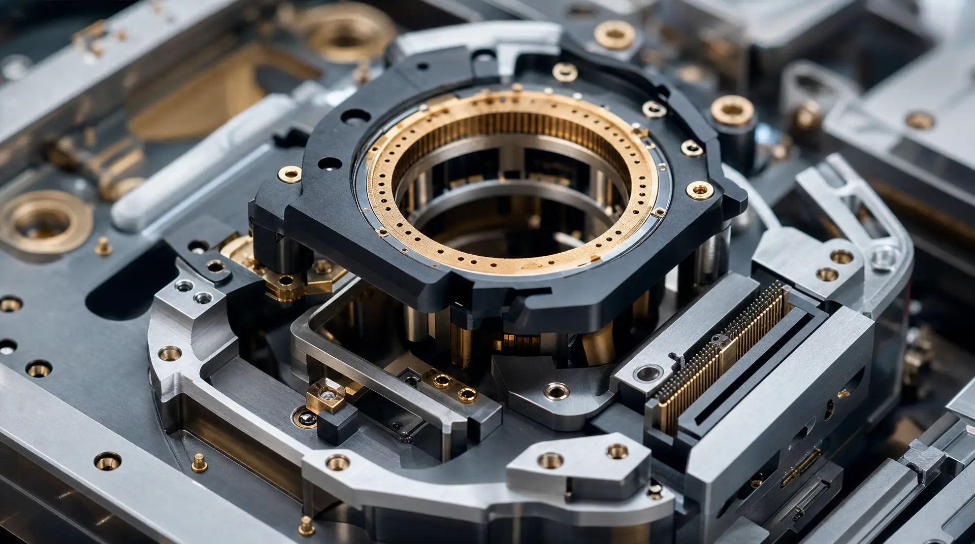 Close-up of a precision semiconductor wafer-processing assembly with a circular metal ring, gold contacts, and machined components on a steel platform, highlighting semiconductor marketing precision.