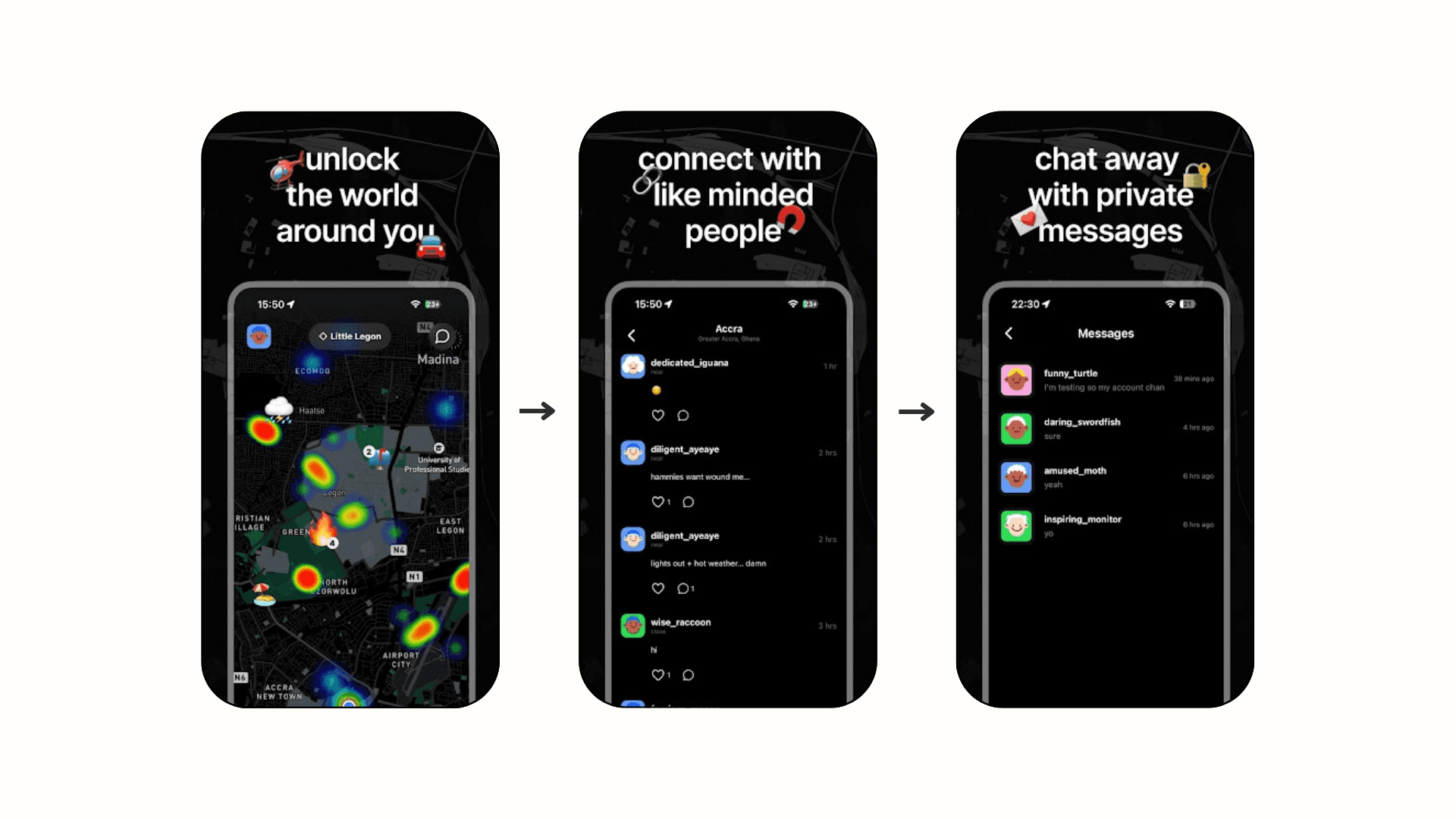 App screen displaying map where other users are and other features