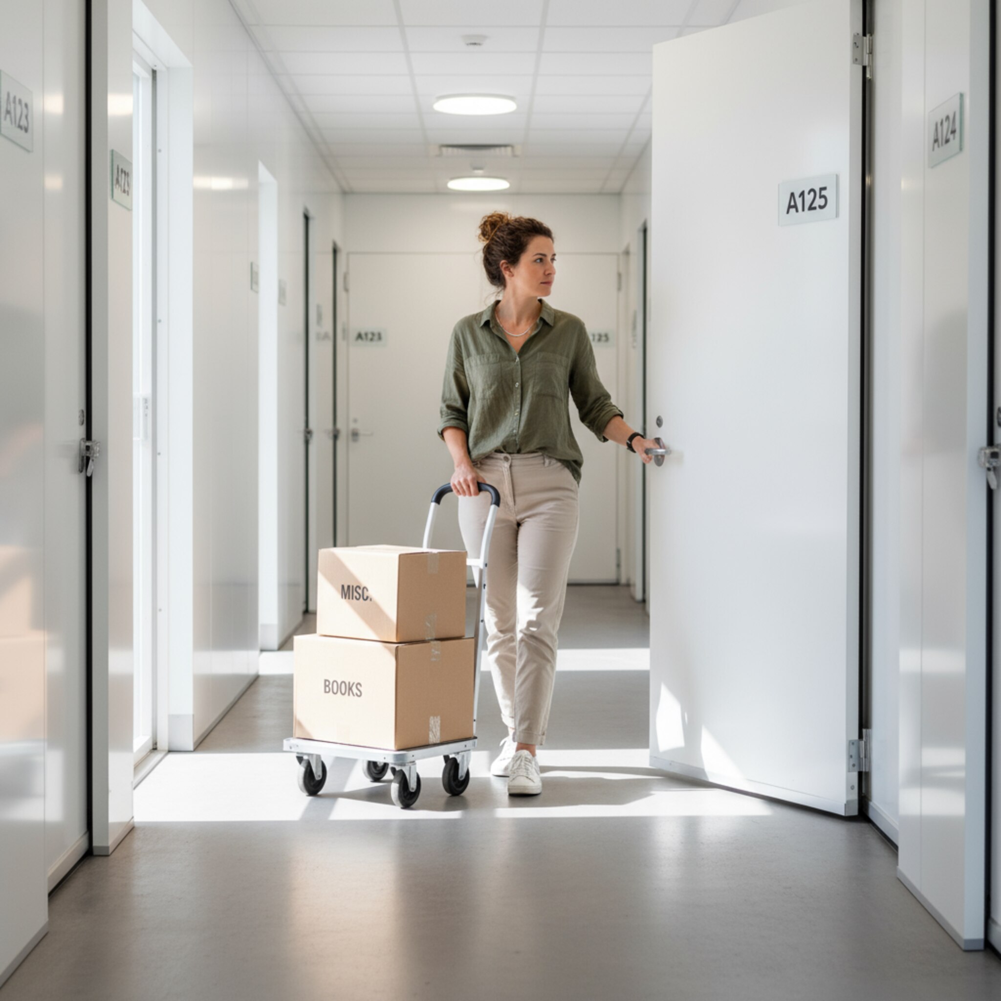Eine Kundin zieht einen leichten Rollwagen mit zwei Kartons durch einen makellos sauberen Gang. Sie stoppt vor einer beschrifteten Tür und atmet kurz durch, bevor sie die Box einräumt. Sanftes Seitenlicht betont die klaren Linien der Türen. Die Szene vermittelt Einfachheit und Tempo.