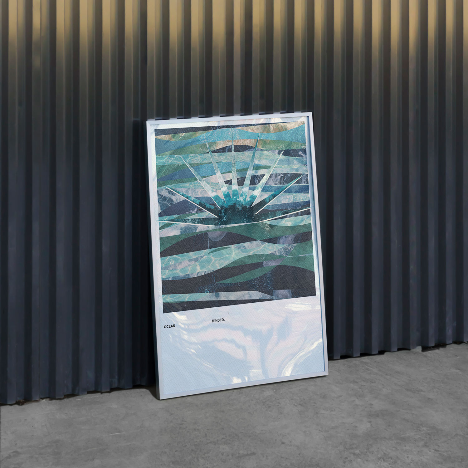 Poster design and mockup featuring abstract ocean-inspired imagery, layered textures, and geometric composition displayed in a minimal architectural setting.