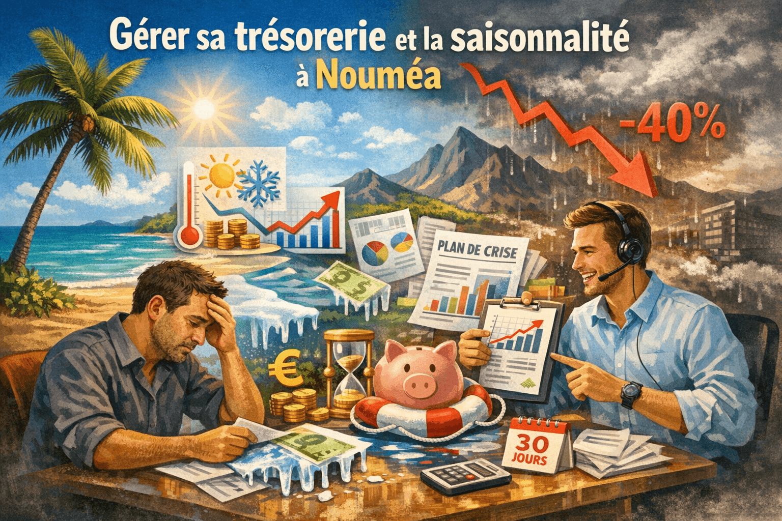 Illustration numérique pour un article sur la gestion de trésorerie à Nouméa : une plage tropicale ensoleillée contraste avec un ciel sombre et une courbe financière en forte baisse. Au premier plan, un chef d’entreprise inquiet fait face à un consultant montrant des graphiques et un plan de crise. Autour d’eux, on voit une tirelire, un sablier, une calculatrice, des pièces, des billets et un calendrier “30 jours”, symbolisant la saisonnalité, la baisse d’activité et la planification financière.