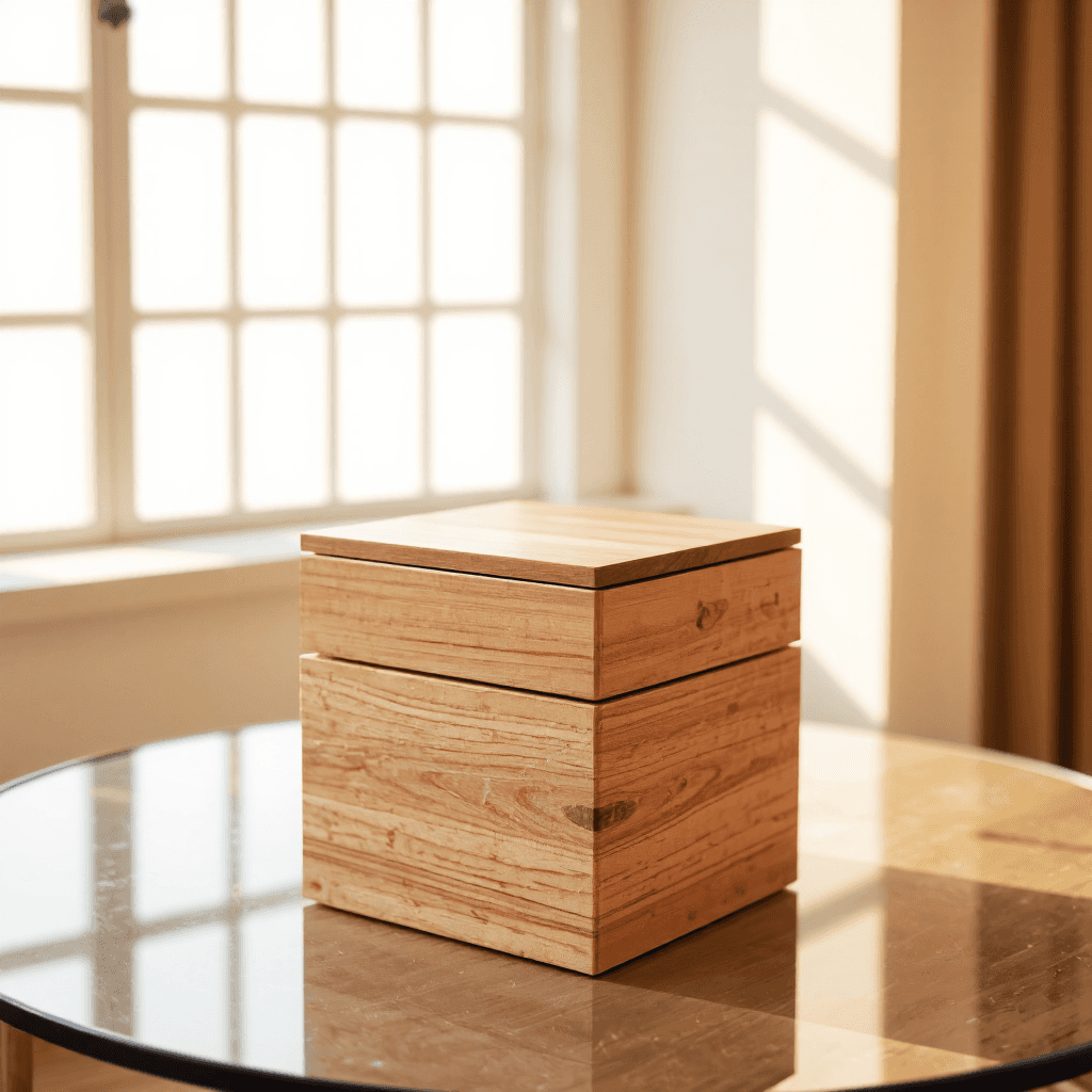 product photography of a small wooden box with a removable lid, used for storage or decoration