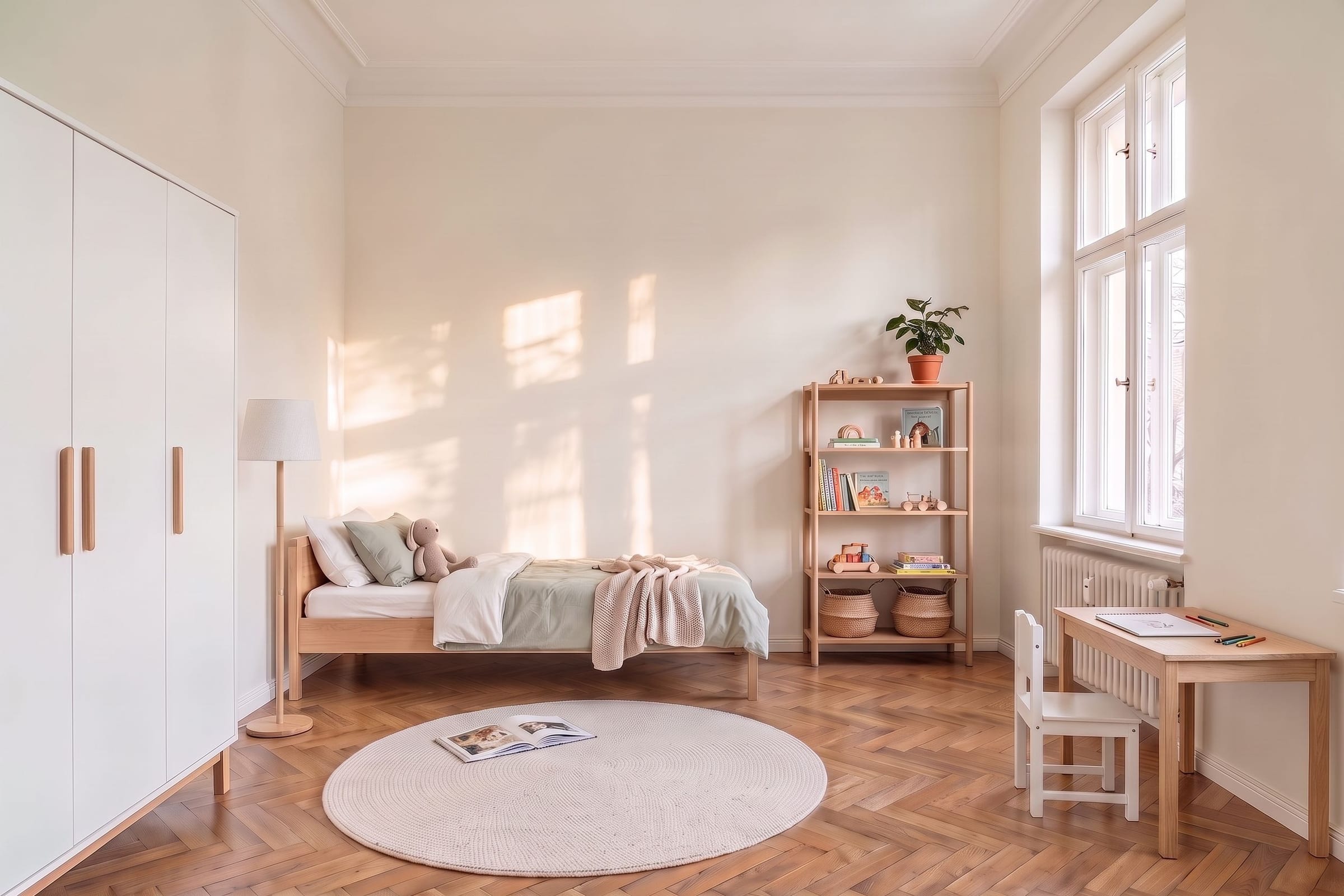 Kinderzimmer mit großem weißem Kleiderschrank, Holzbett, Stehleuchte, Regal mit Körben, rundem Teppich und kleinem Schreibtisch mit Stuhl am Fenster
