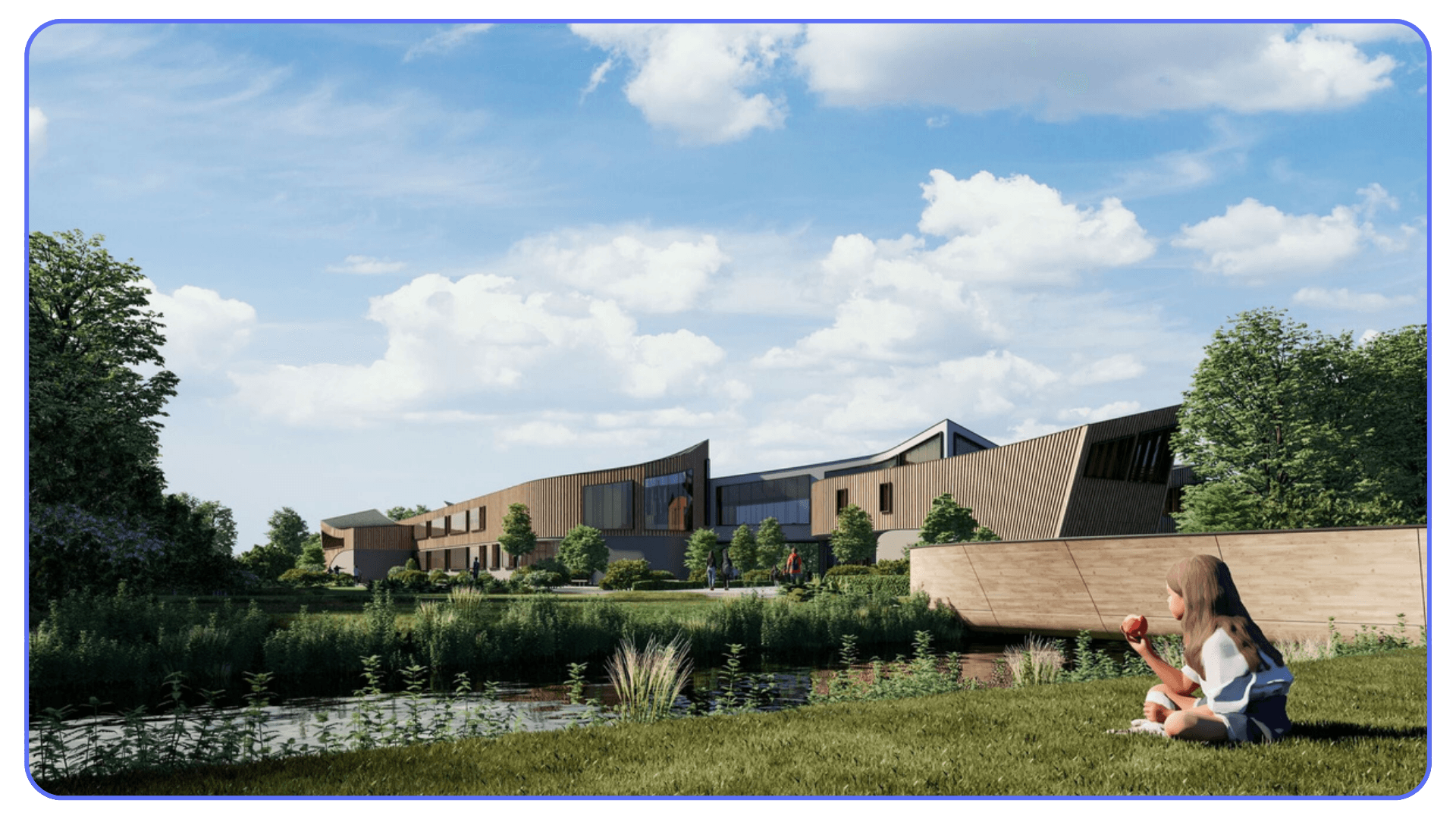 Photorealistic architectural visualization of a modern timber-clad building beside a pond, with a child sitting on the grass in the foreground holding an apple.