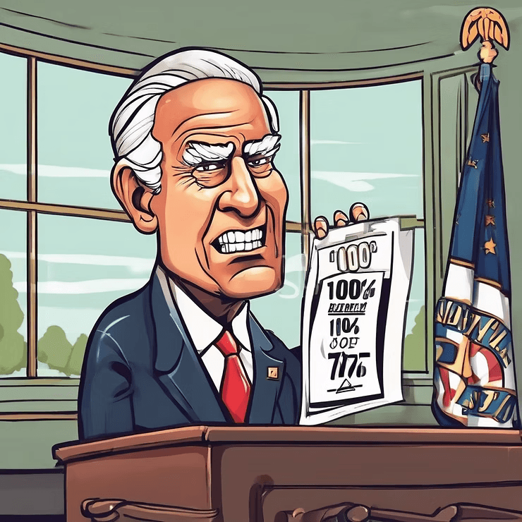 Cartoon styled president holding a piece of paper that says 100%