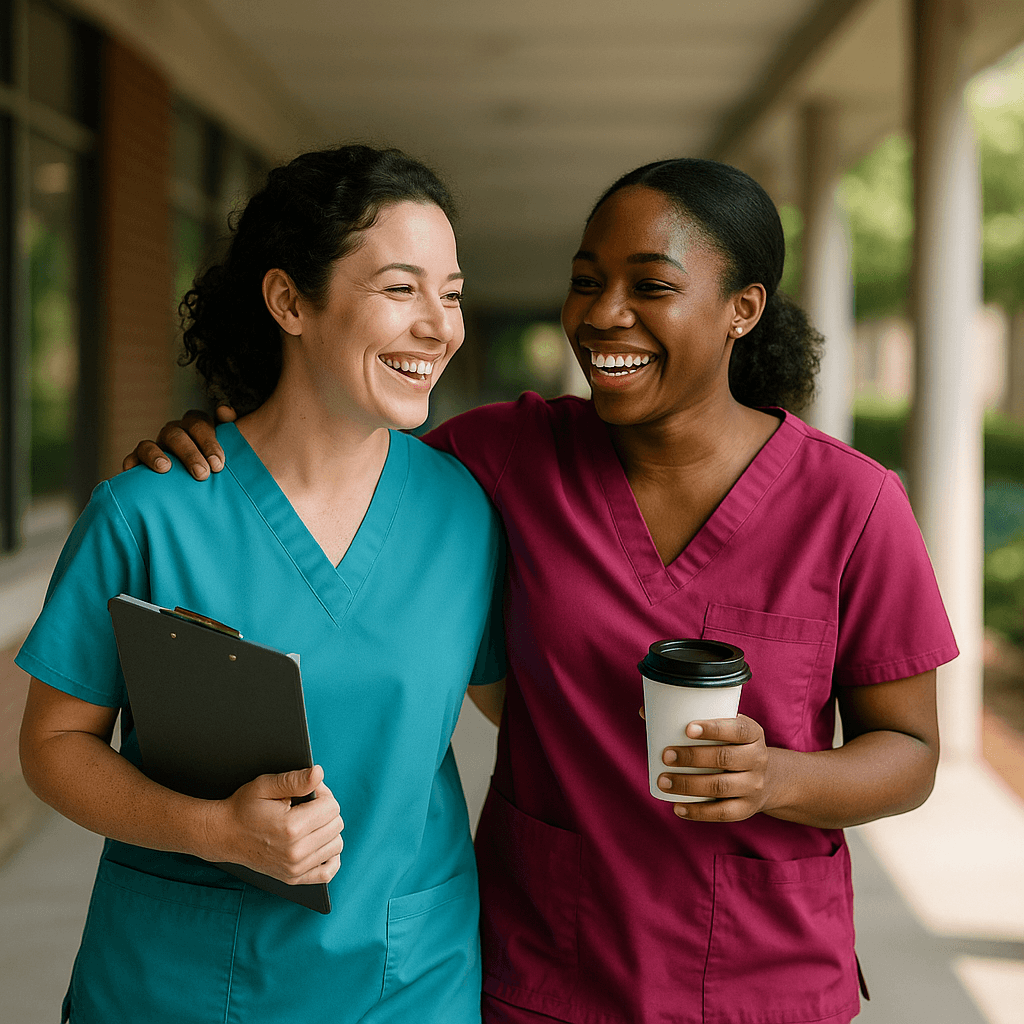 Cheerful healthcare workers in scrubs walking under covered walkway, one with clipboard, other with coffee, arm around shoulder, symbolizing supportive compliance culture.