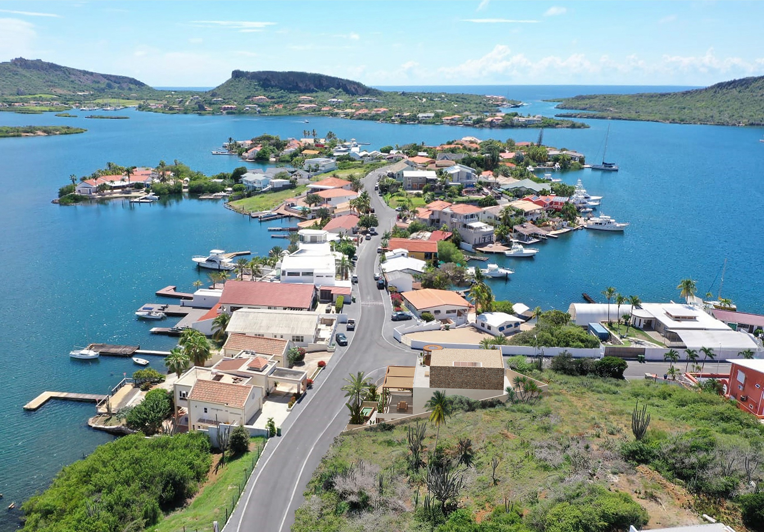 Aerial photo of the site with a rendered view of the villa