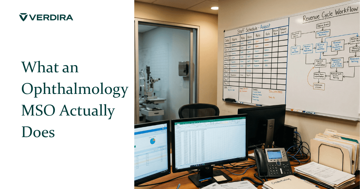  Medical office operations room with billing software, insurance forms, and credentialing folders with ophthalmology exam room visible through glass partition
