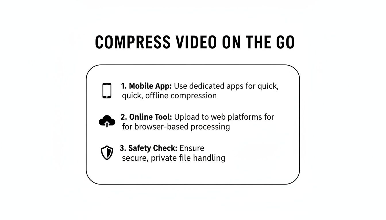 Infographic detailing methods to compress video on the go, including mobile apps and online tools.