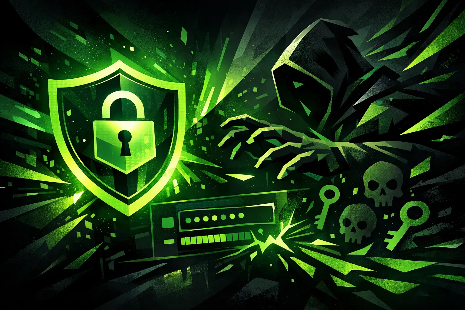 Green digital illustration of a locked shield beside a password entry field under attack, with a hooded figure reaching toward it and skull and key icons in the background, representing preventing login brute force attacks