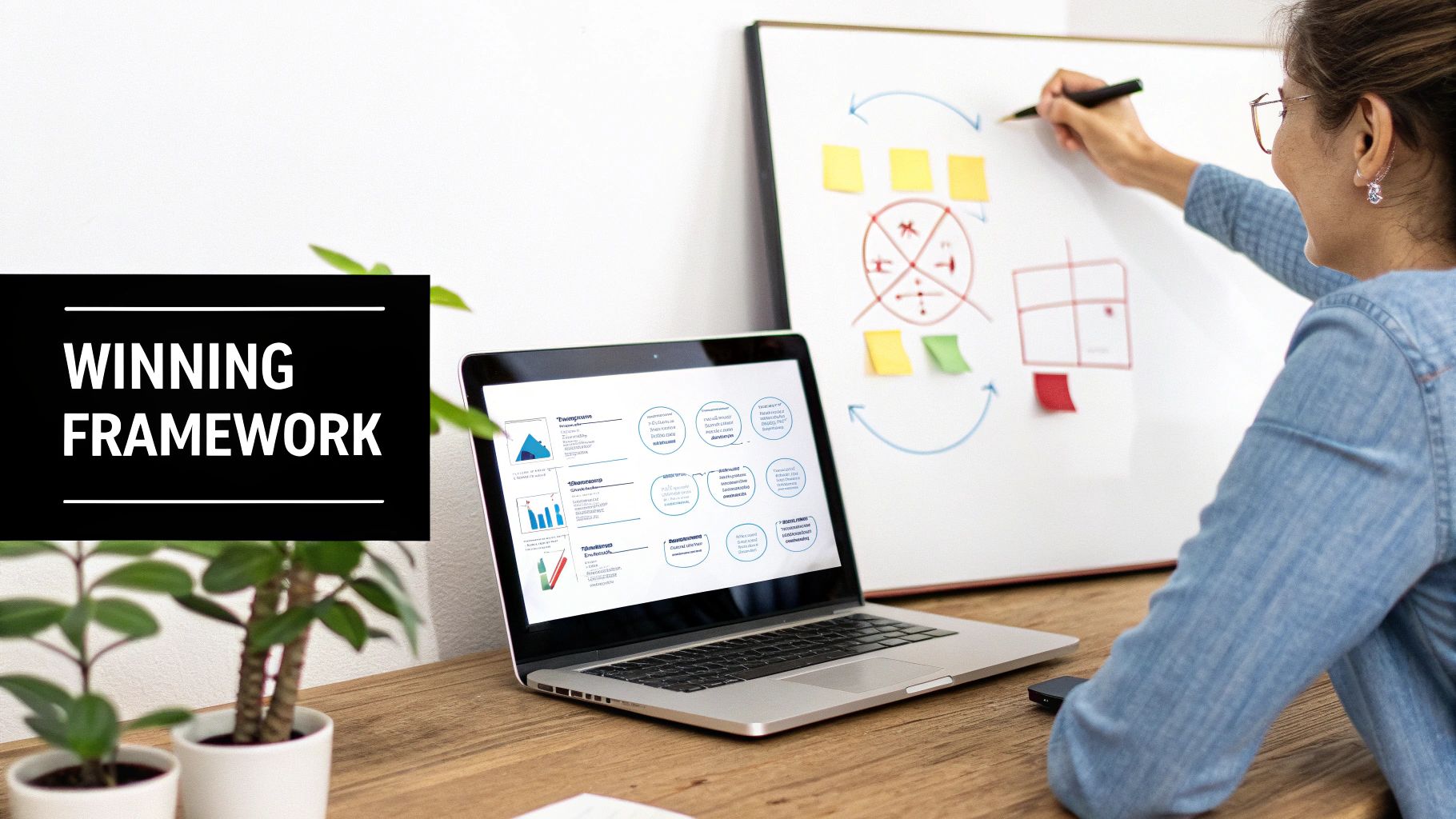 Woman developing business winning framework strategy using laptop and whiteboard with diagrams
