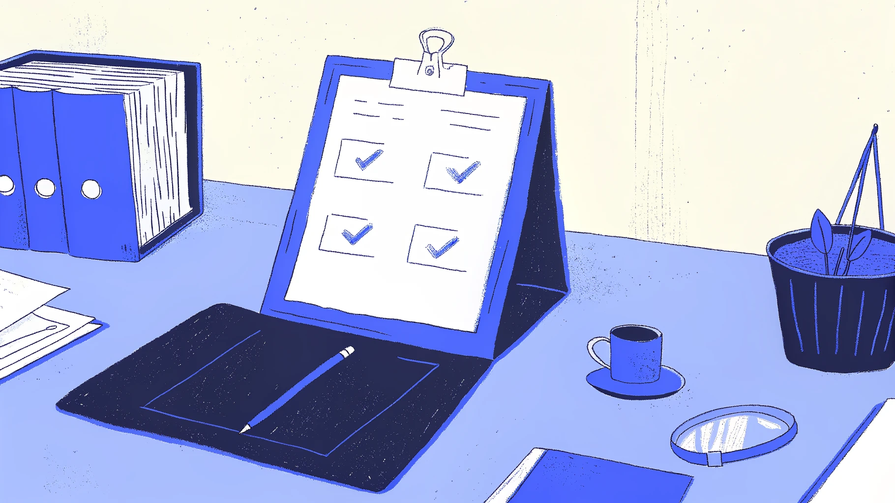 Legal operations desk with vendor evaluation checklist, balance scale, and abstract AI panel