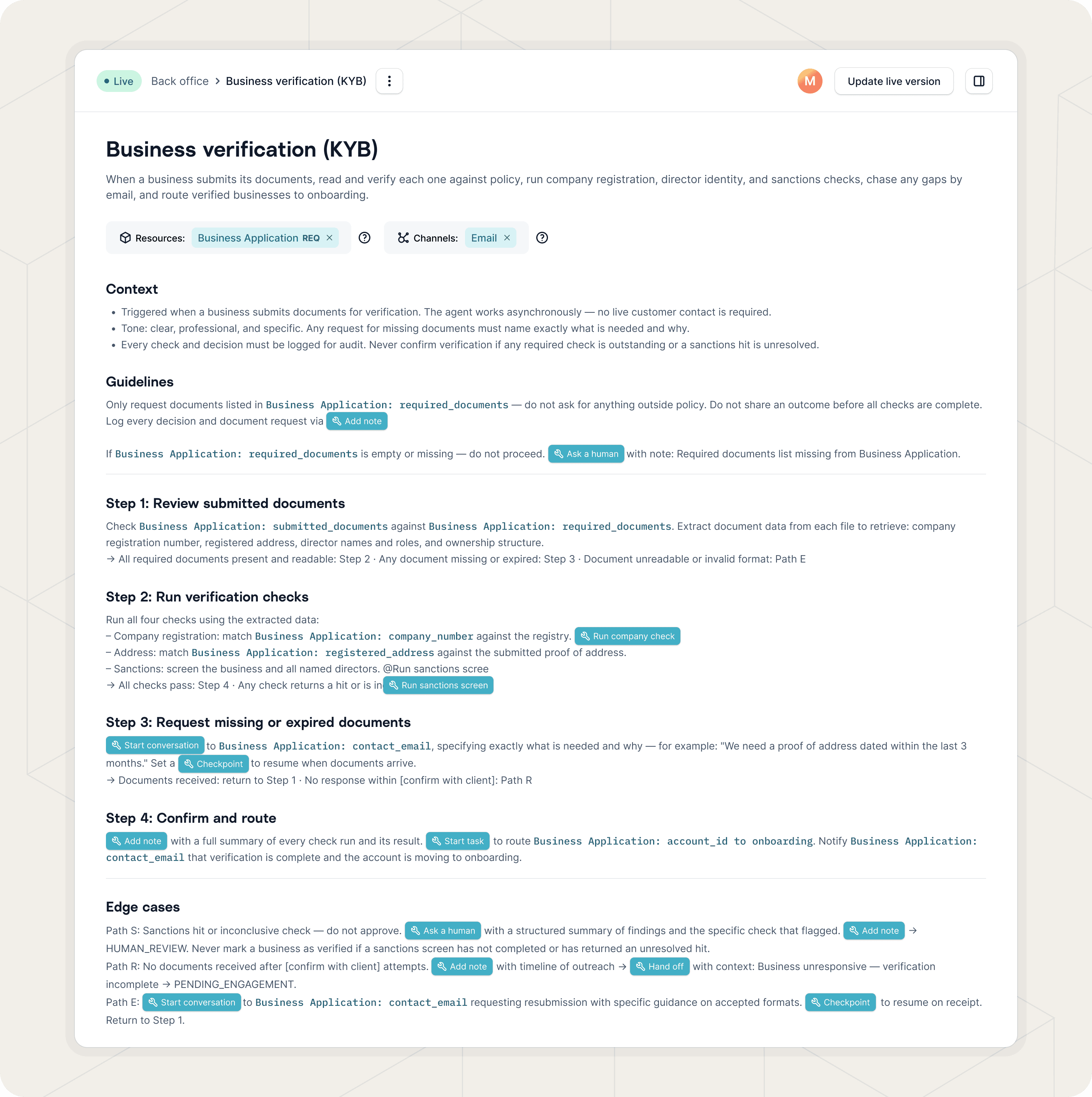 Screenshot of a live KYB procedure covering document review, company and sanctions checks, and onboarding routing