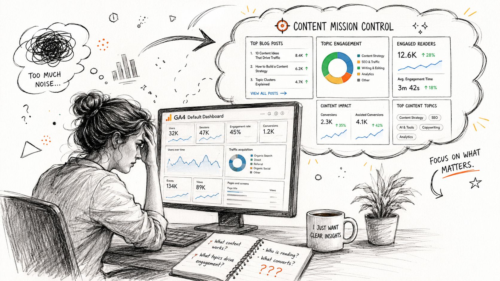 A woman feeling overwhelmed by complex Google Analytics data, then visualizing a simplified content marketing dashboard.