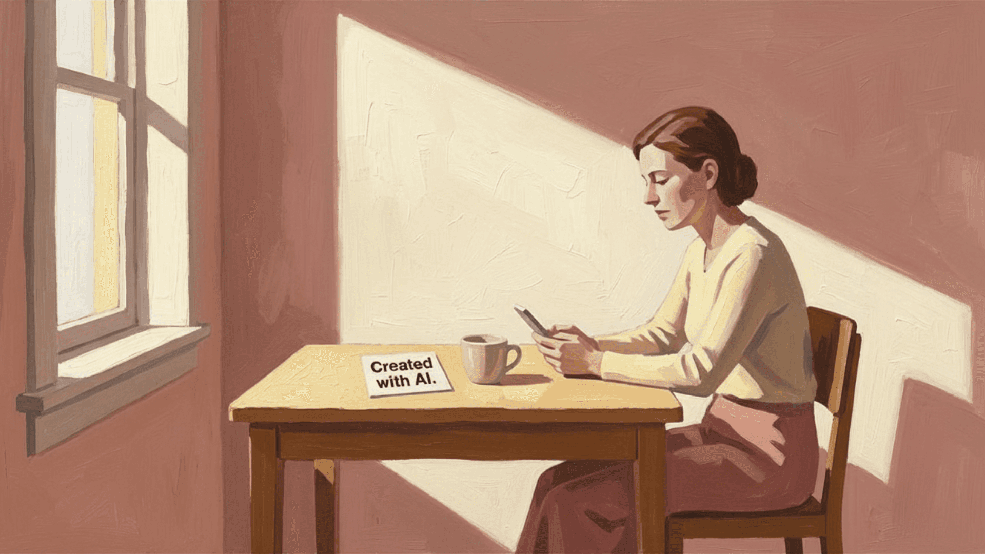 Oil painting in the style of Edward Hopper showing a woman sitting alone at a small kitchen table in morning light, reading her phone, with a card on the table that reads "Created with AI."