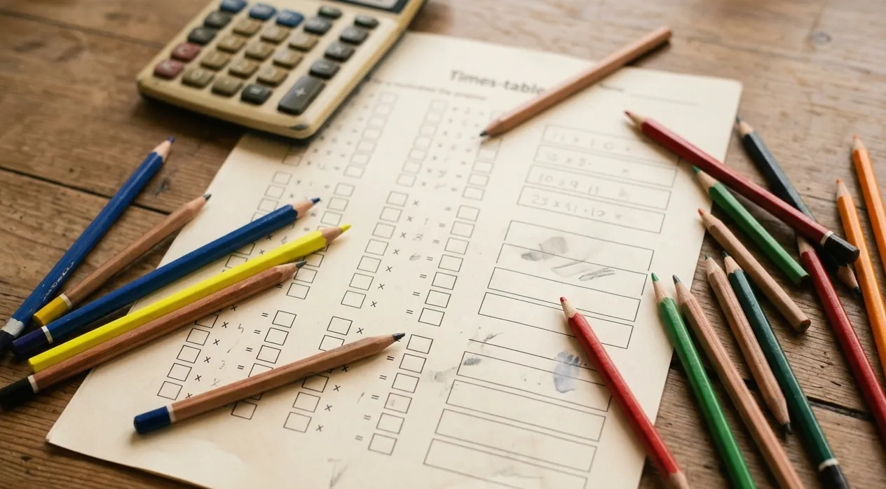 Times-tables worksheet with coloured pencils