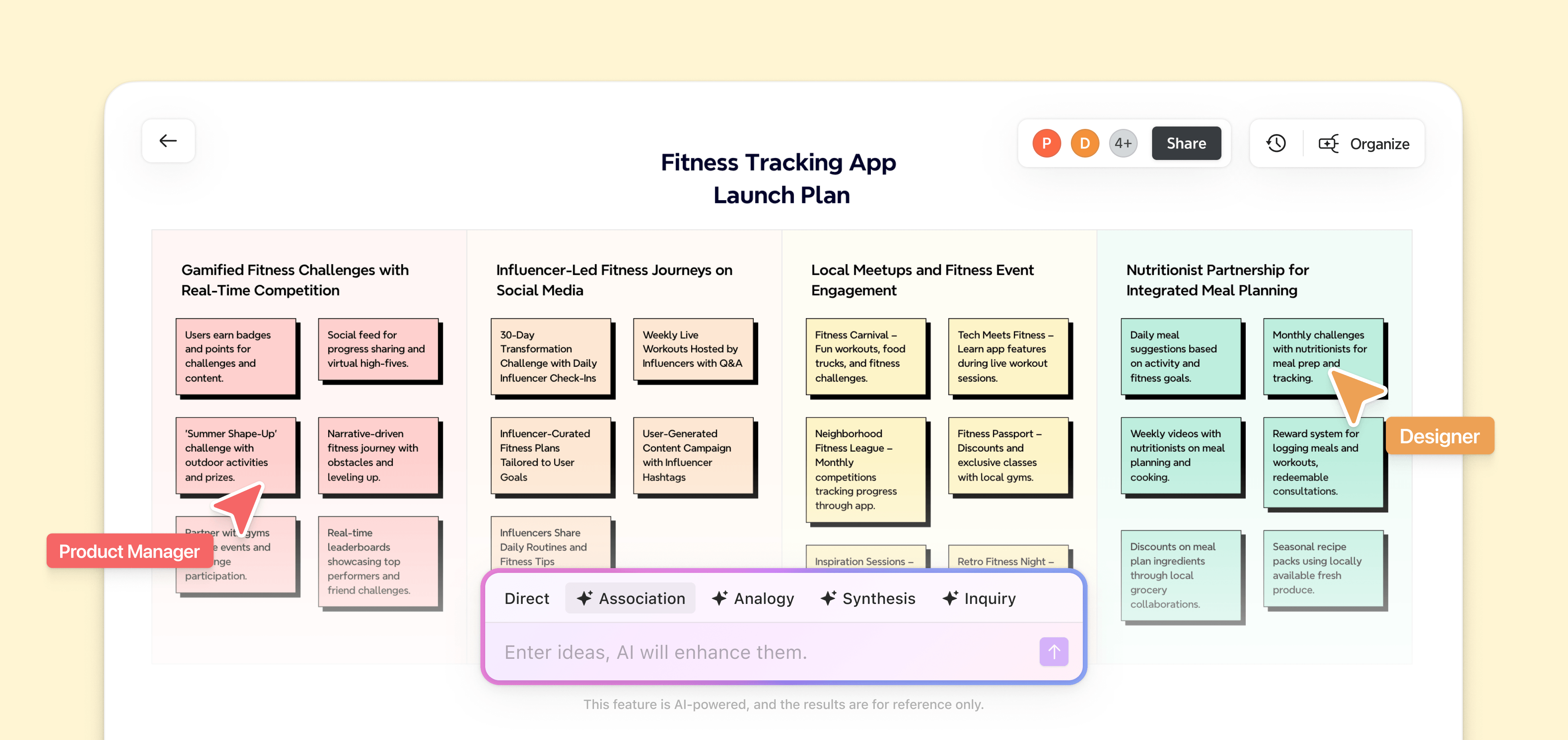 Xmind-Board mit dem Launchplan für eine Fitness-Tracking-App mit strukturierten Ideen, Haftnotizen und KI-gestütztem Brainstorming über mehrere Planungsbereiche hinweg