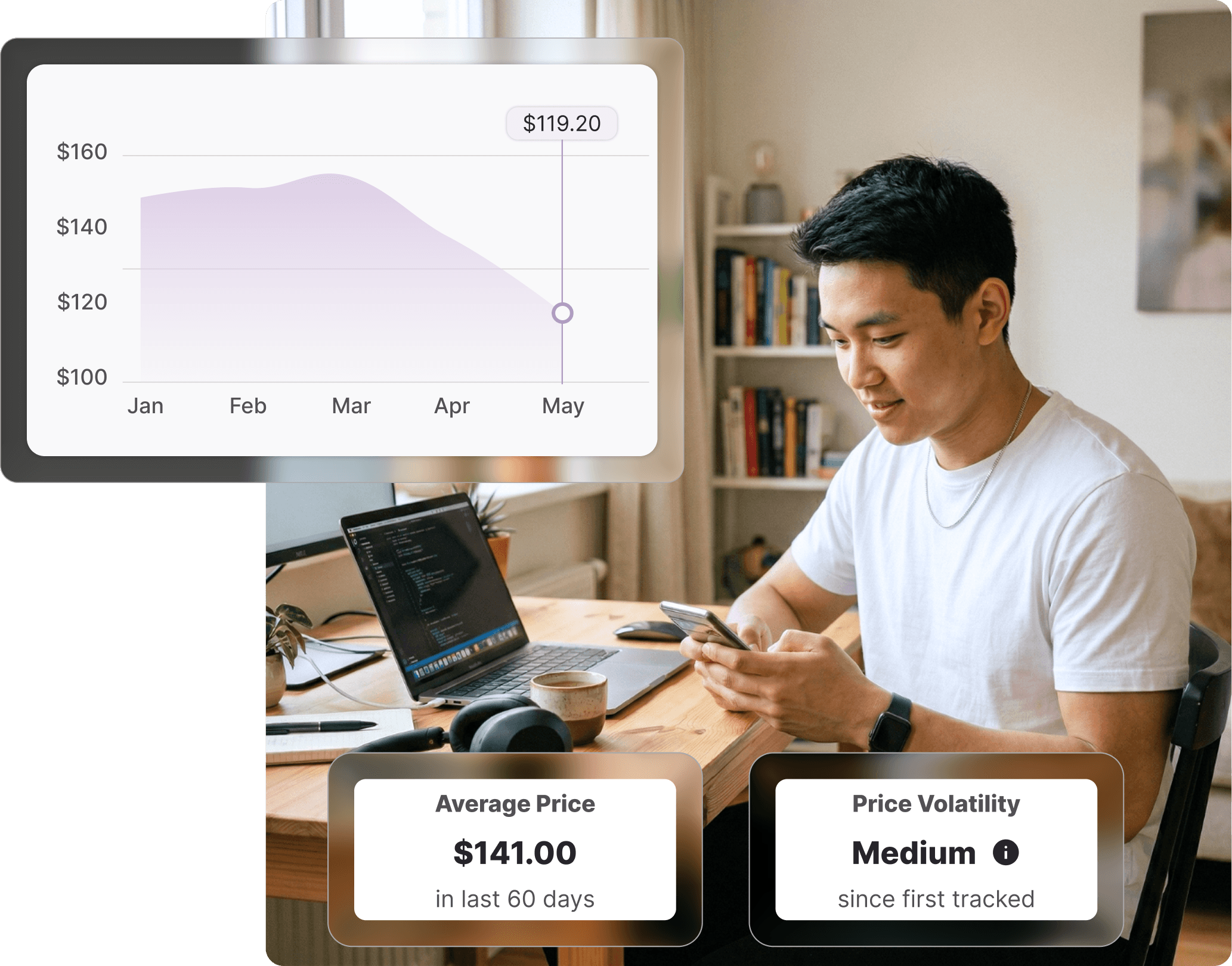 Young man at a home desk checking his phone with a laptop open and over-ear headphones beside him, checking Officeworks price history on Whisprice, with a price chart showing a drop to $119.20 overlaid on the left.