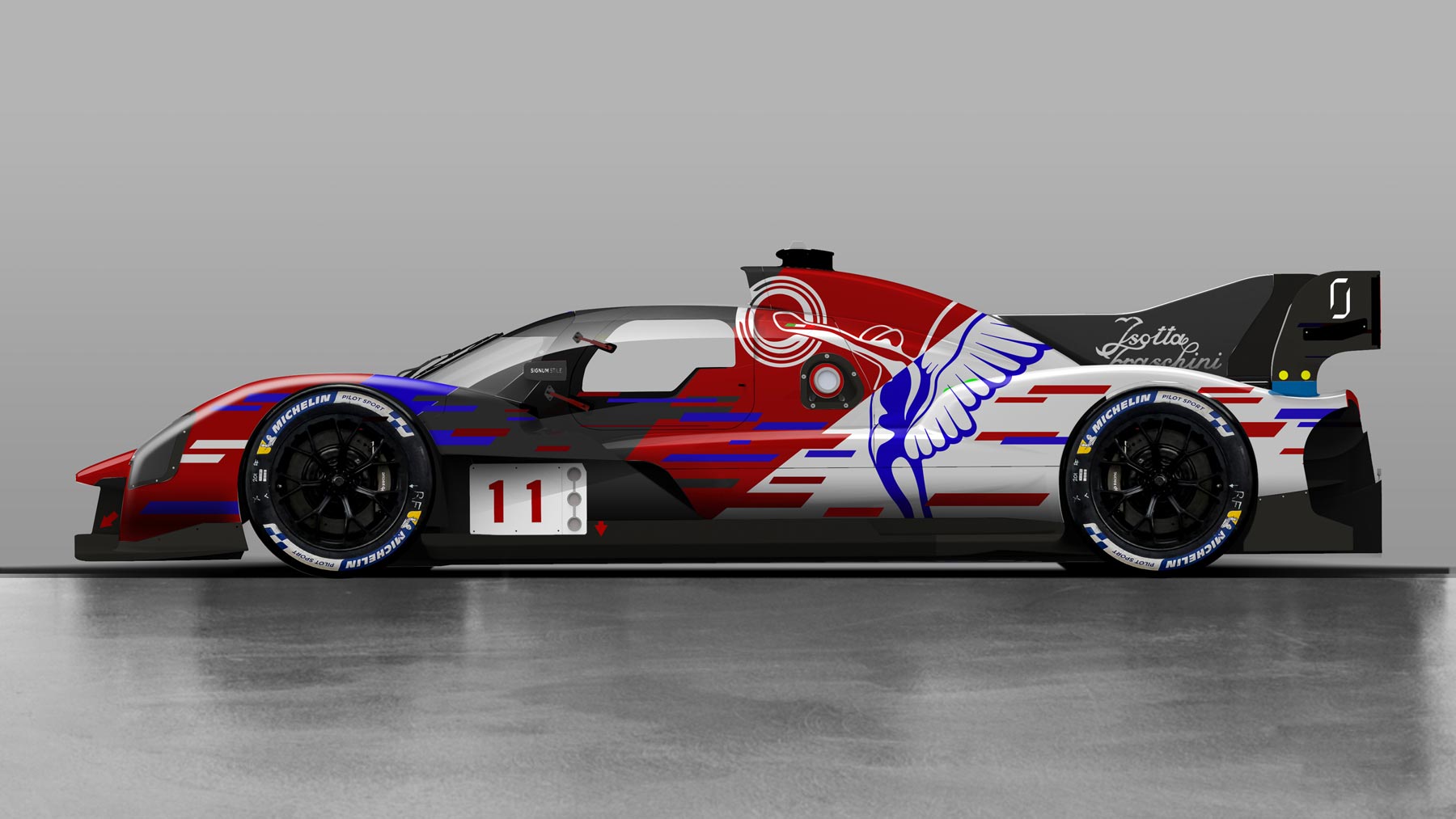 Isotta Fraschini hypercar on track with custom livery design, design sketch side view