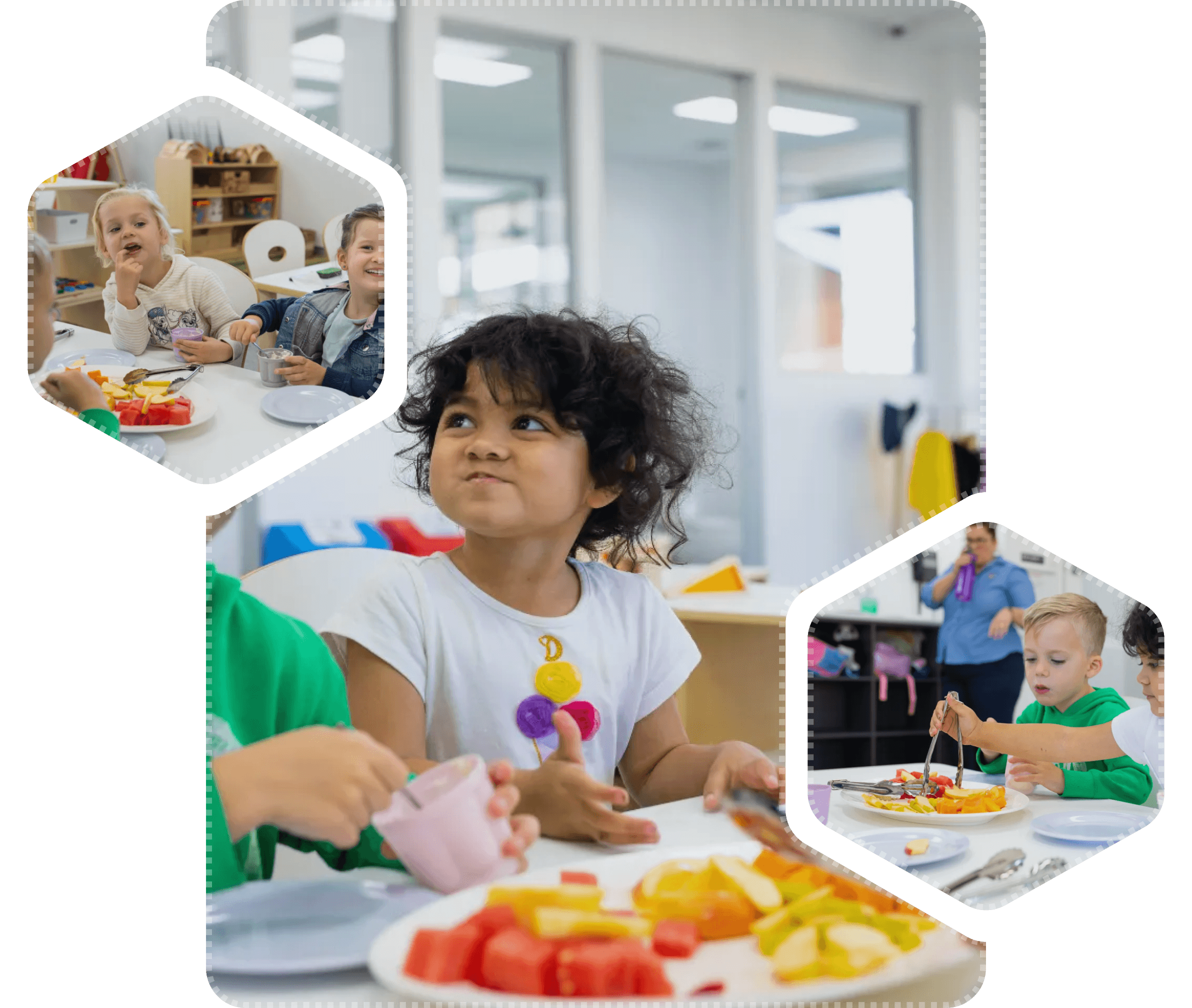 Children enjoying fresh fruit and healthy meals during lunchtime at Kaleidoscope Kids childcare centre in Brisbane.