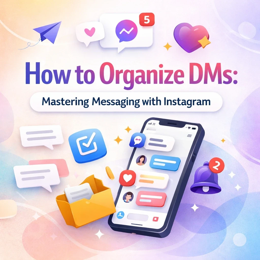 Modern blog cover design showing a smartphone with organized Instagram direct messages, message bubbles, notification icons, and folders on a light pastel background, representing how to organize DMs and master messaging on Instagram.