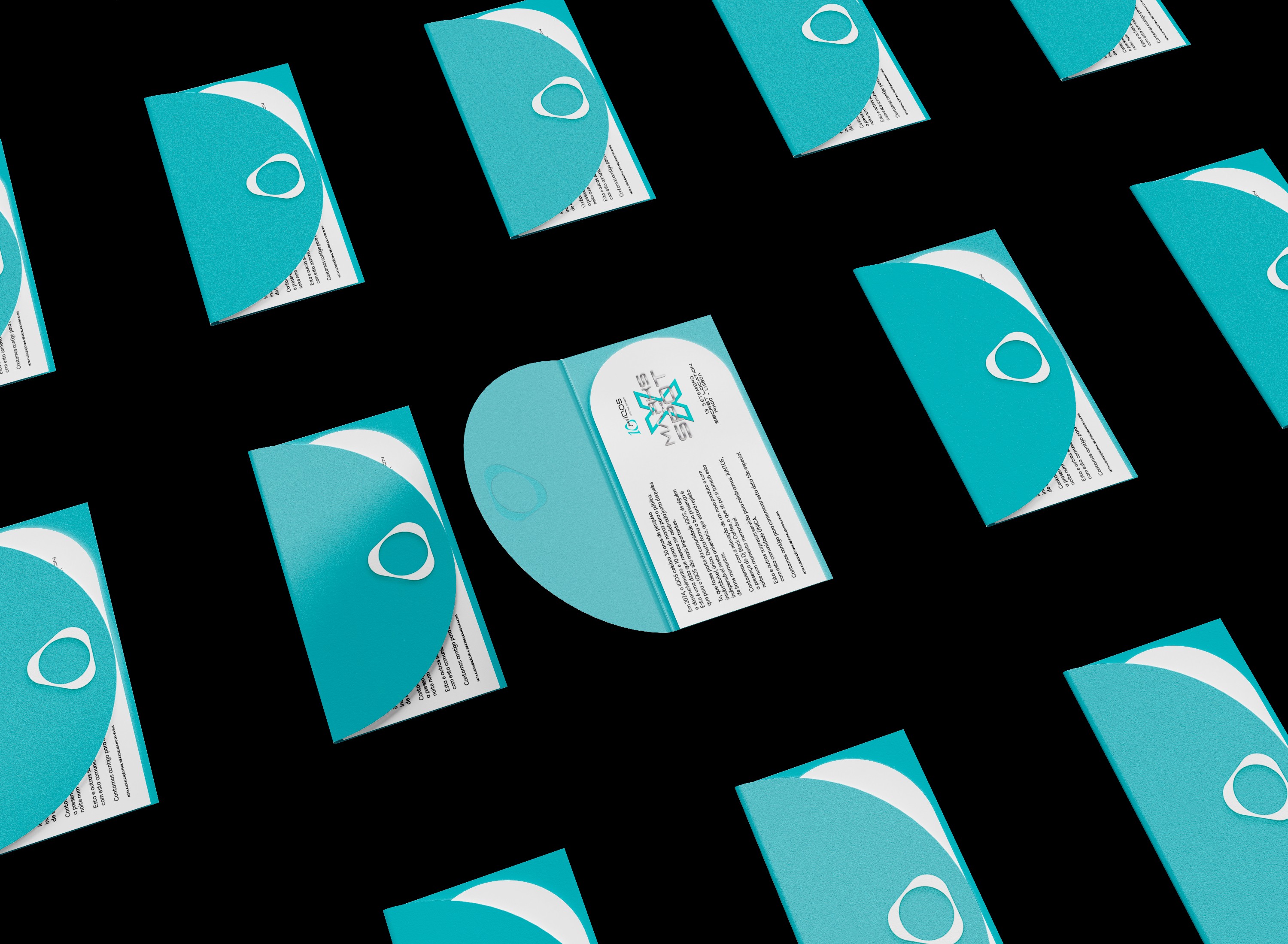 Premium event invitation design for the IQOS 10 Years celebration, featuring turquoise curved envelopes, minimalist branding and elegant print layout arranged in a geometric composition.