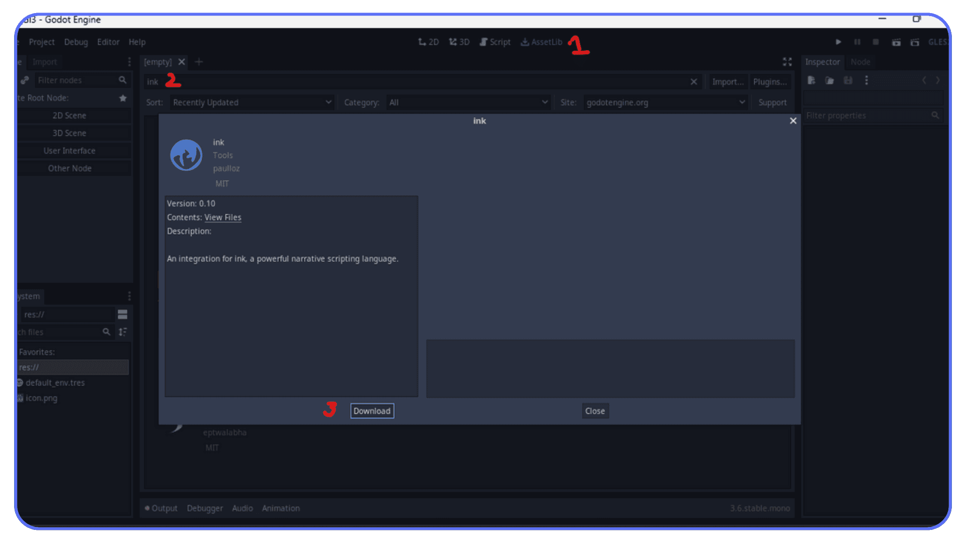 Godot asset library window displaying the Ink narrative scripting plugin ready to be downloaded and installed.