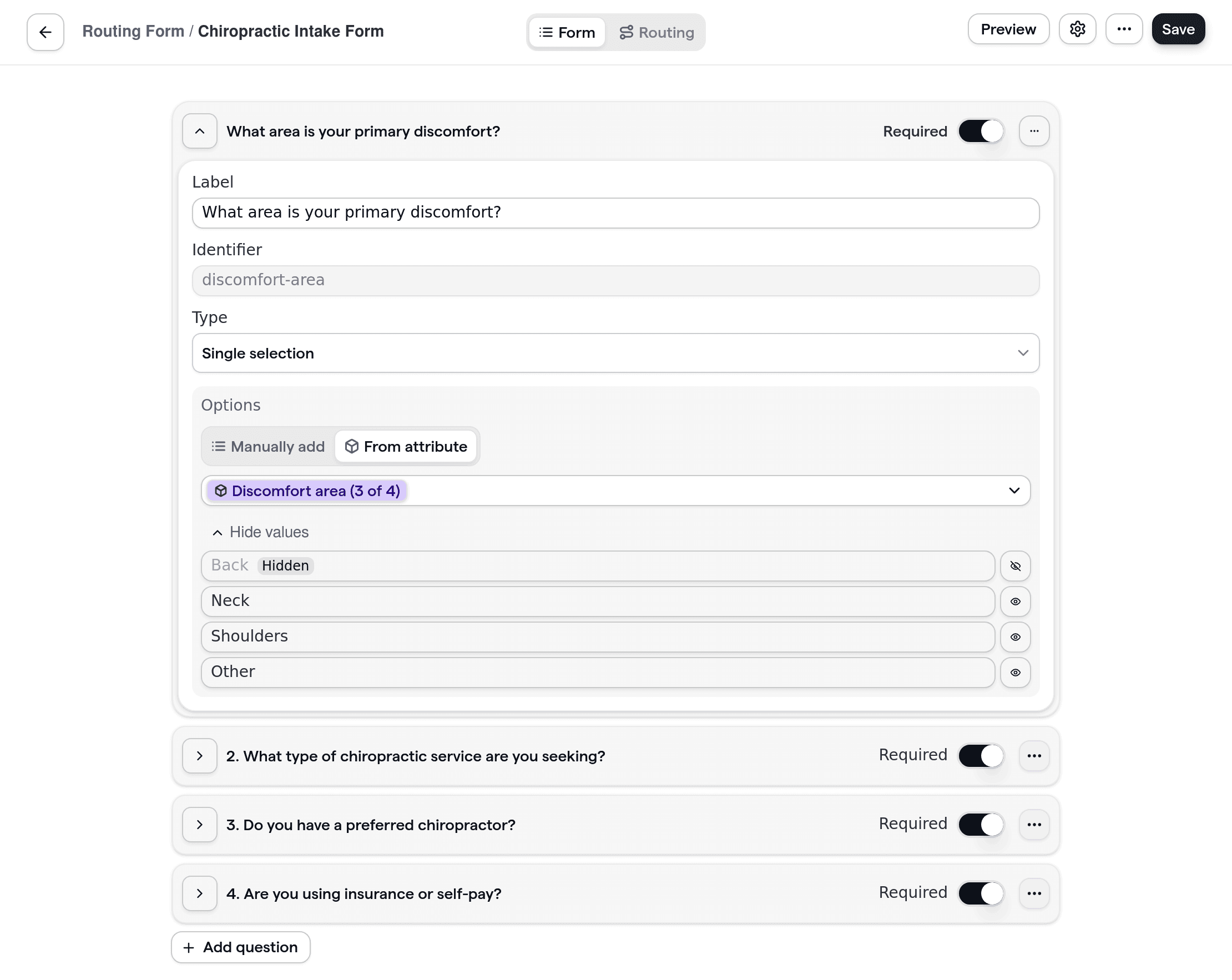 Chiropractic routing form capturing patient needs, practitioner preference, and insurance information.