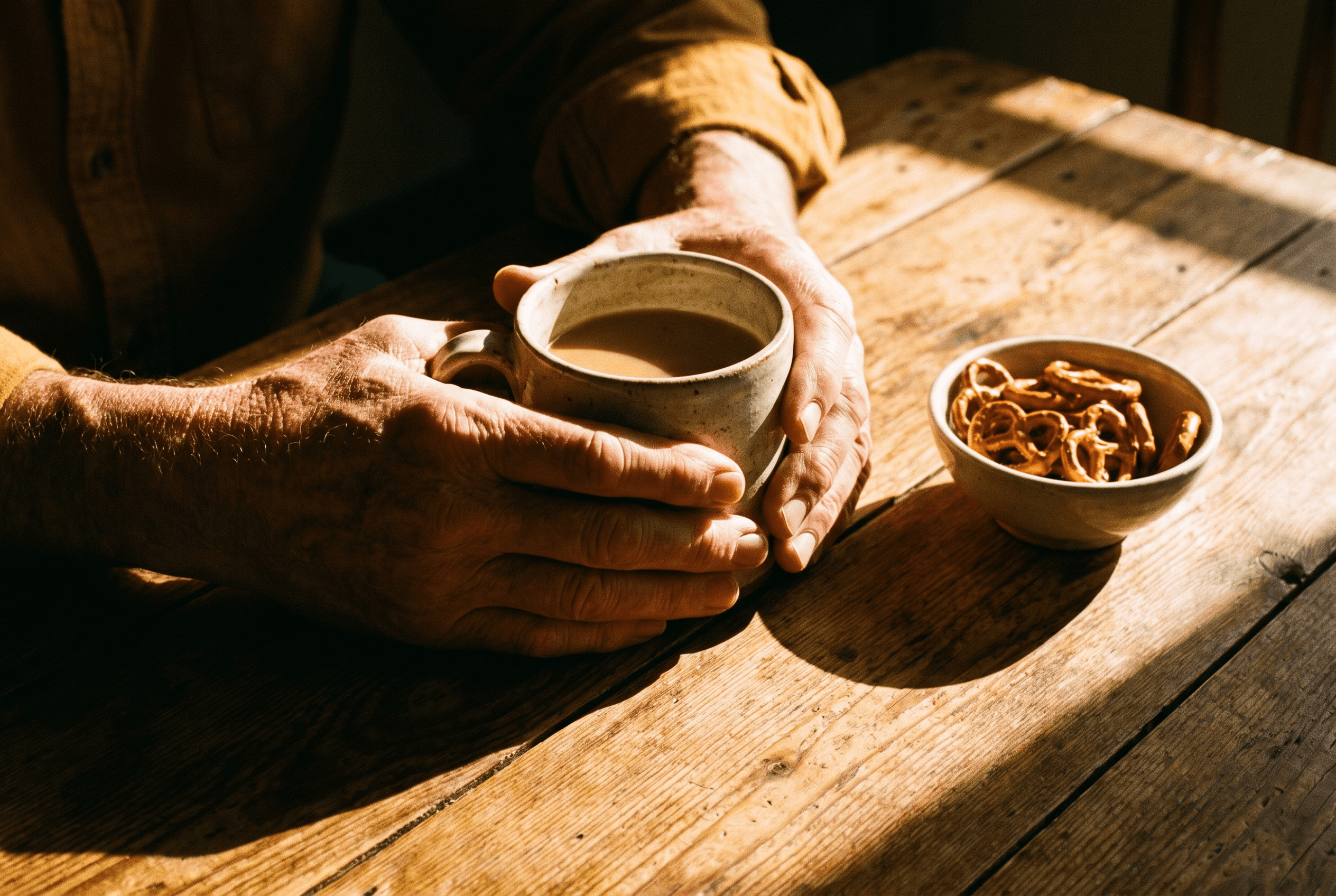 Hands cradling a warm mug beside a small bowl of pretzels on a sunlit wooden table