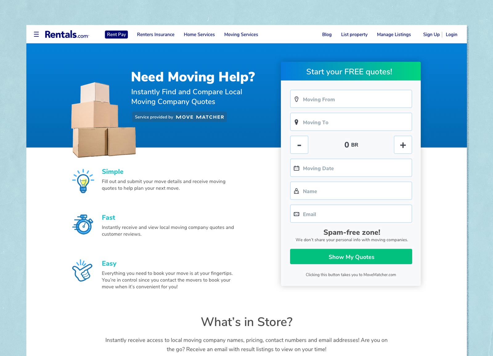 Rentals Moving Help page