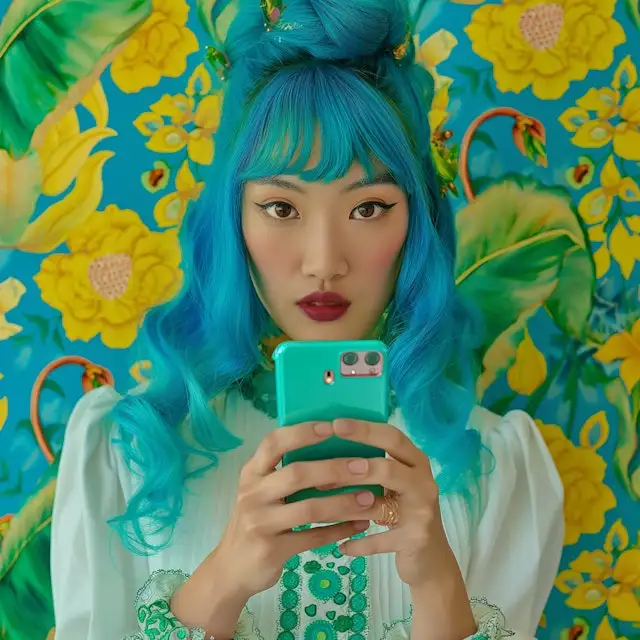 blue haired woman holding a smartphone