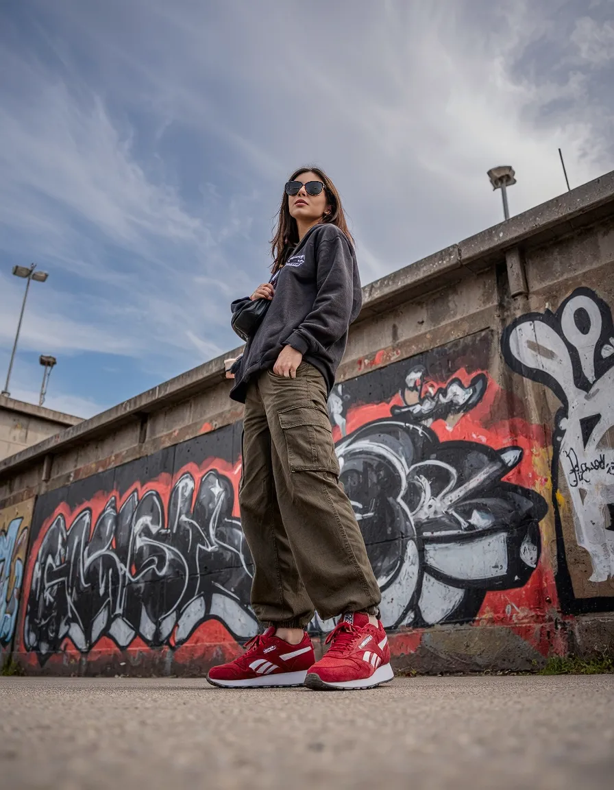 Street style photography featuring cargo pants, black sweatshirt and vibrant red sneakers against colorful graffiti wall under blue sky