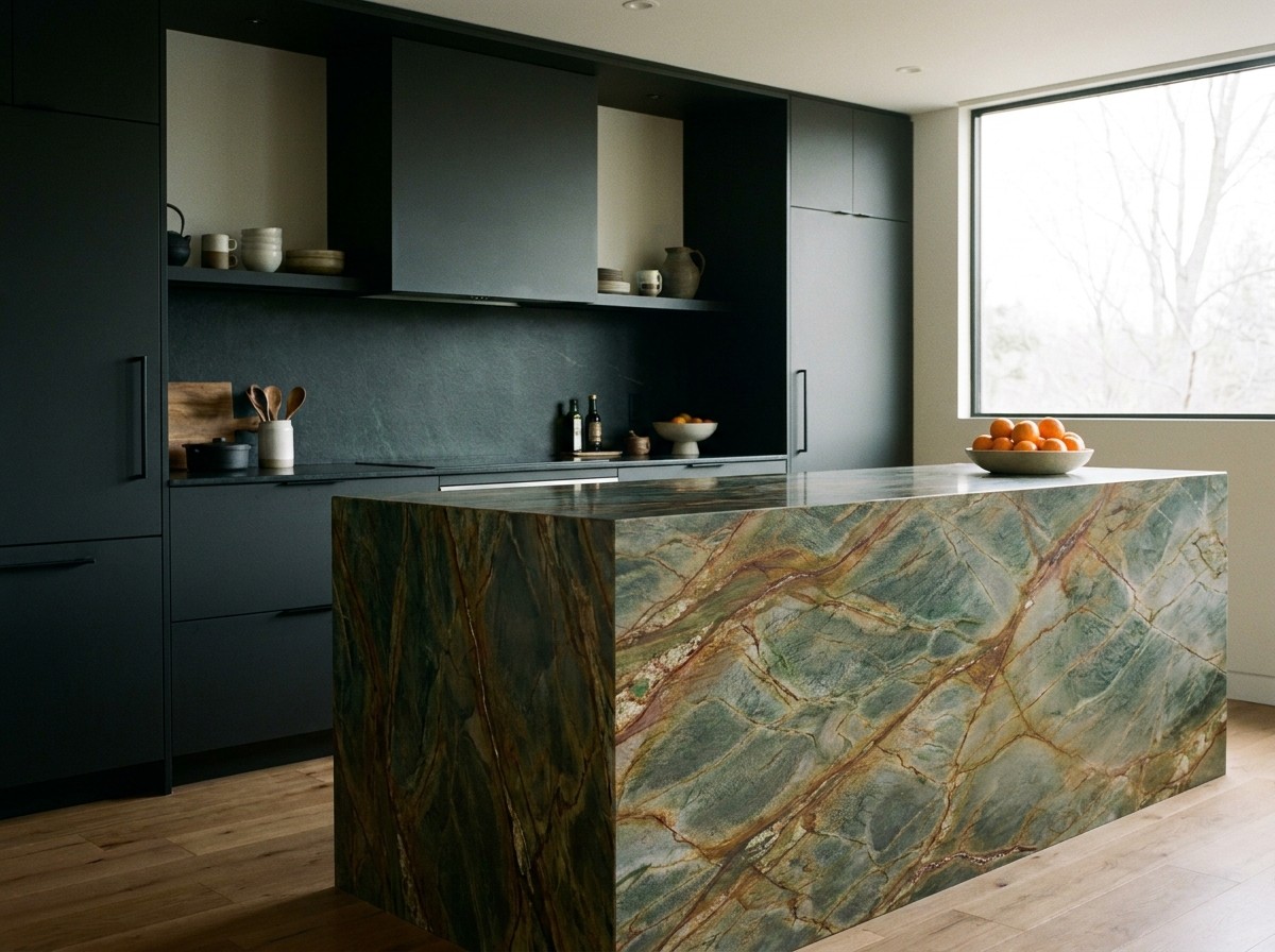 A sleek, minimalist kitchen with dark charcoal cabinetry and a massive central island made of rich green and gold Brazilian quartzite.