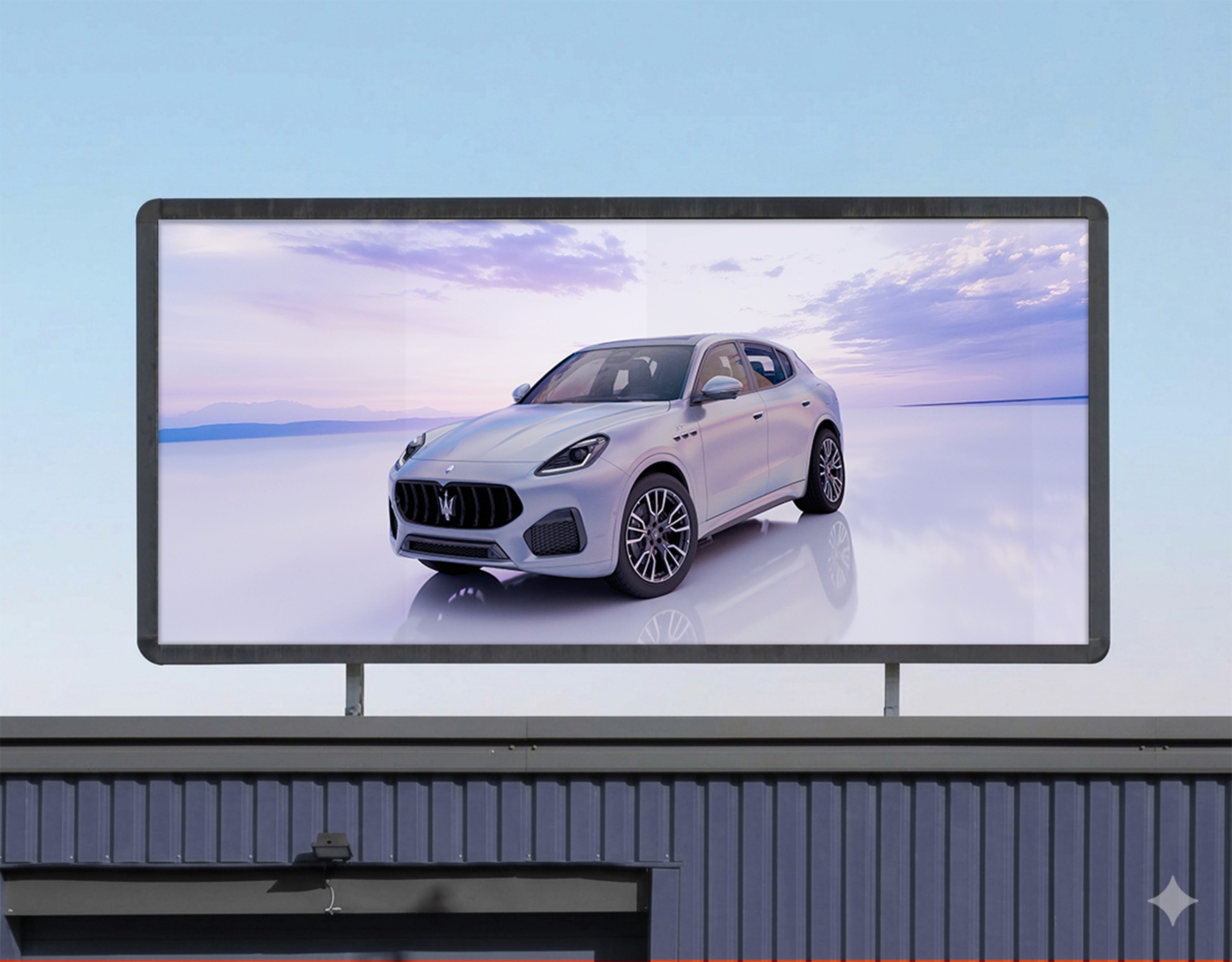 Publicité Maserati Grecale sur panneau. SUV de luxe blanc. Design élégant.