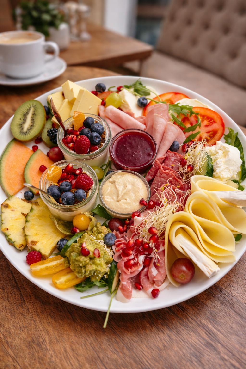 Colourful brunch table with dishes & food