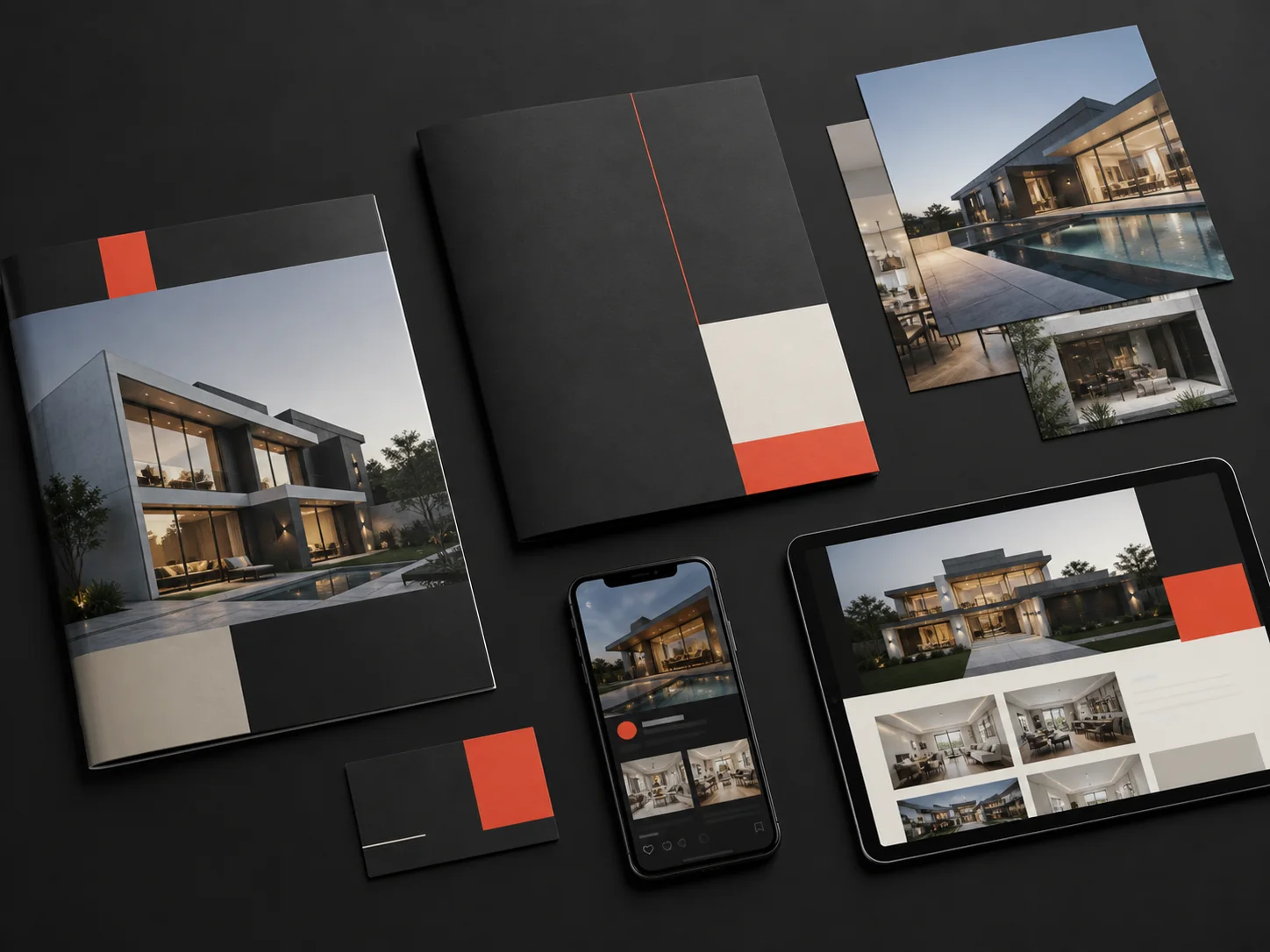 Immobilienpräsentation mit Exposé, Fotodrucken sowie Ansichten auf Smartphone und Tablet in einheitlichem Design.