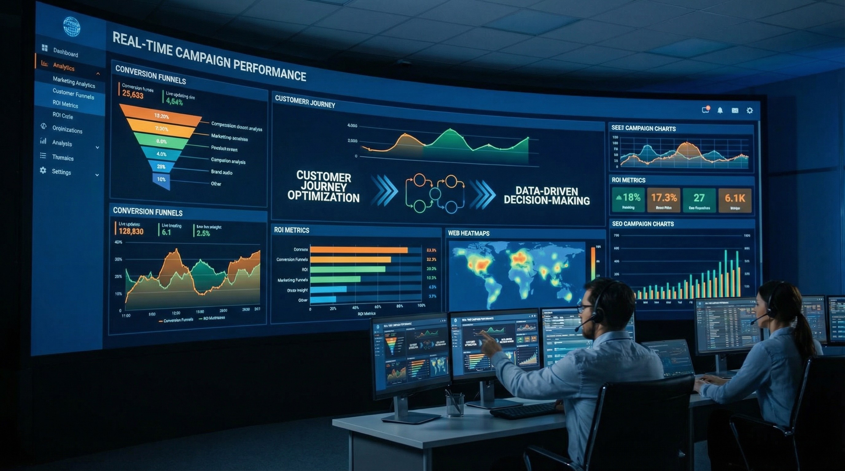 Digital marketing analytics dashboard with performance tracking, ROI metrics, and conversion data.