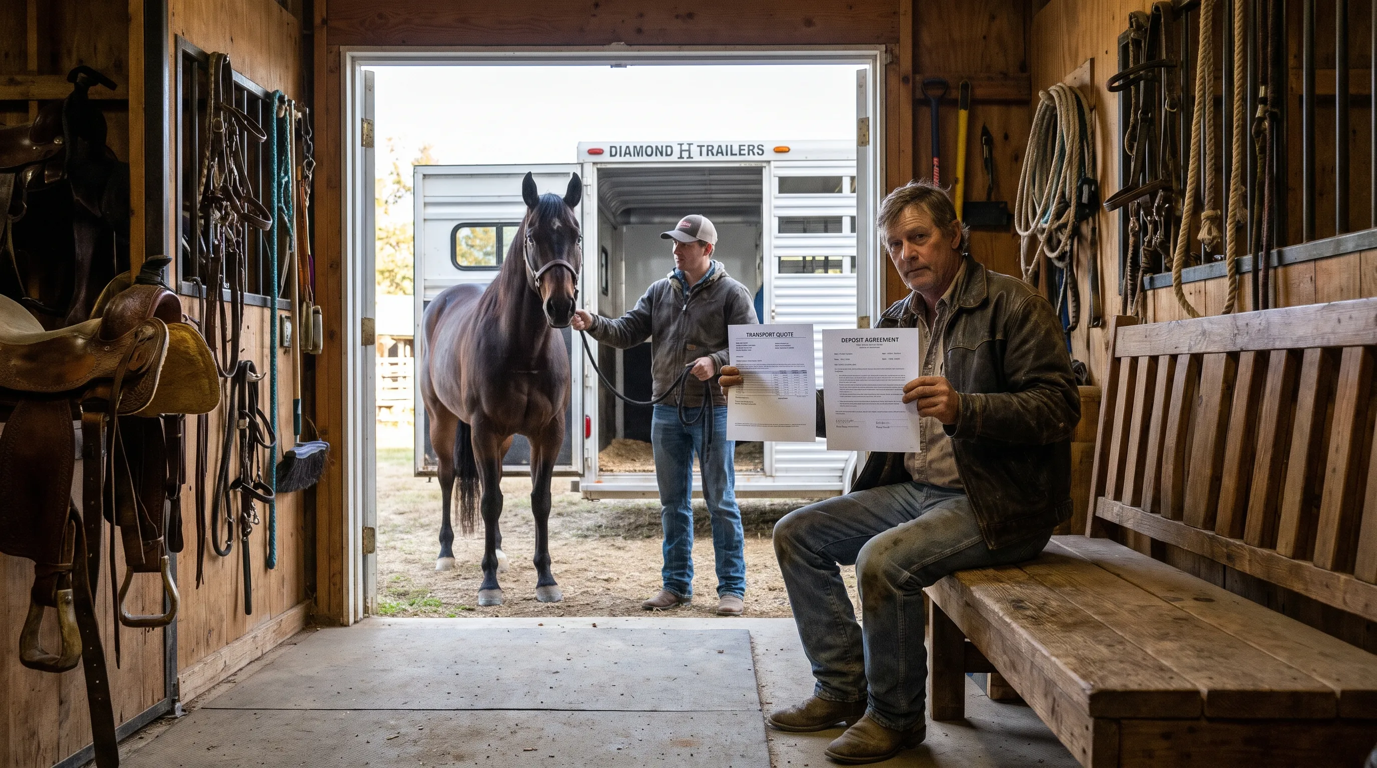 A horse owner reviews a transport quote while a handler waits with the horse beside an open trailer.
