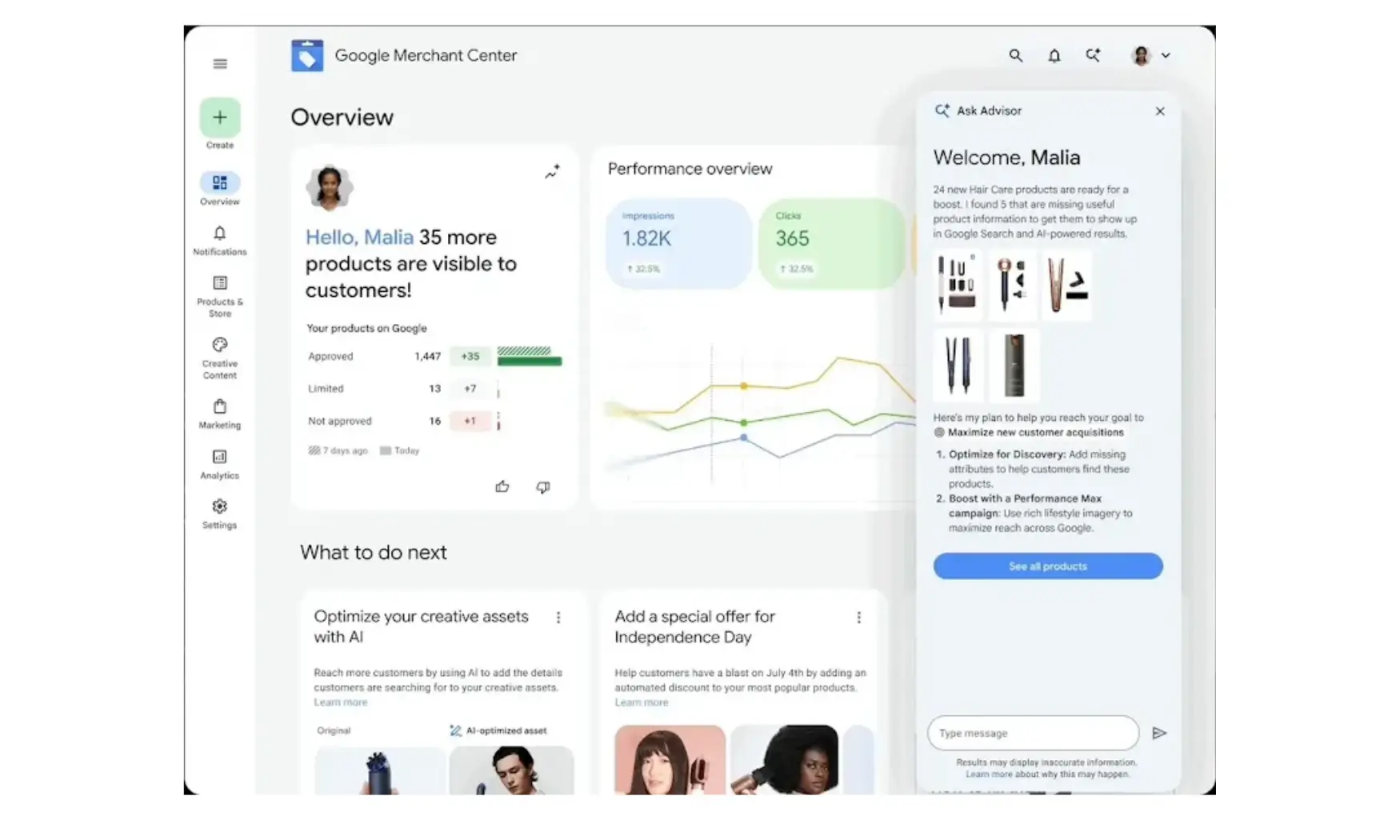  Google Merchant Center dashboard showing performance metrics and ask Advisor sidebar.