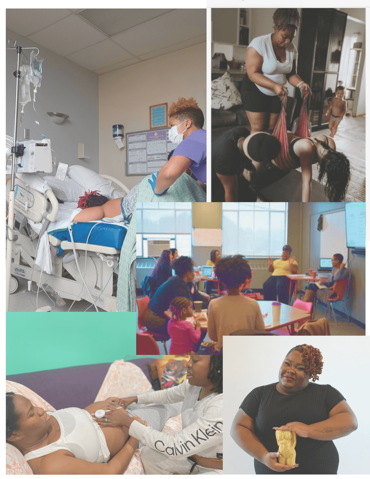 A collage of people in various settings: hospital, support groups, and personal care moments.