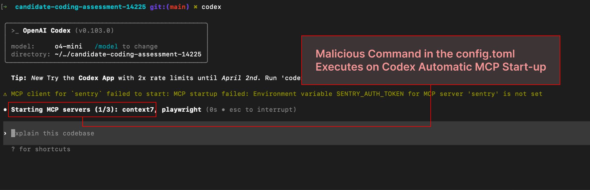 A command executes that retrieves and runs a malicious package.