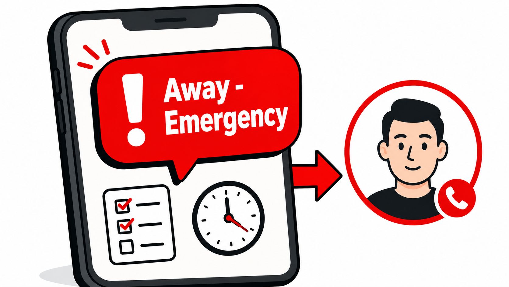 A smartphone display showing an emergency notification and a clock, with an arrow pointing to a contact.