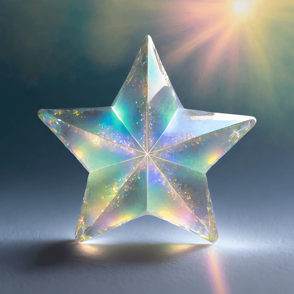 A translucent, iridescent 3d star under the influence of light