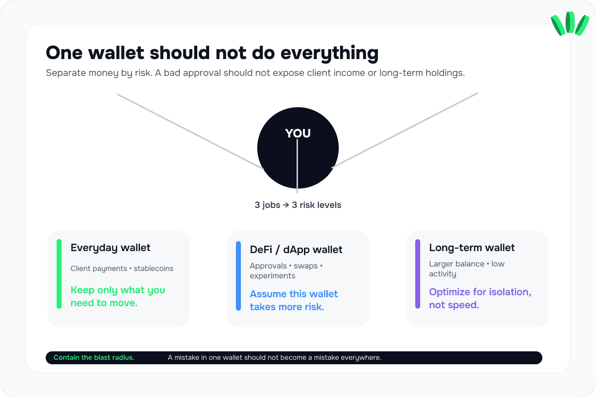 Crypto wallet separation strategy using different wallets for everyday payments, DeFi activity, and long-term holdings