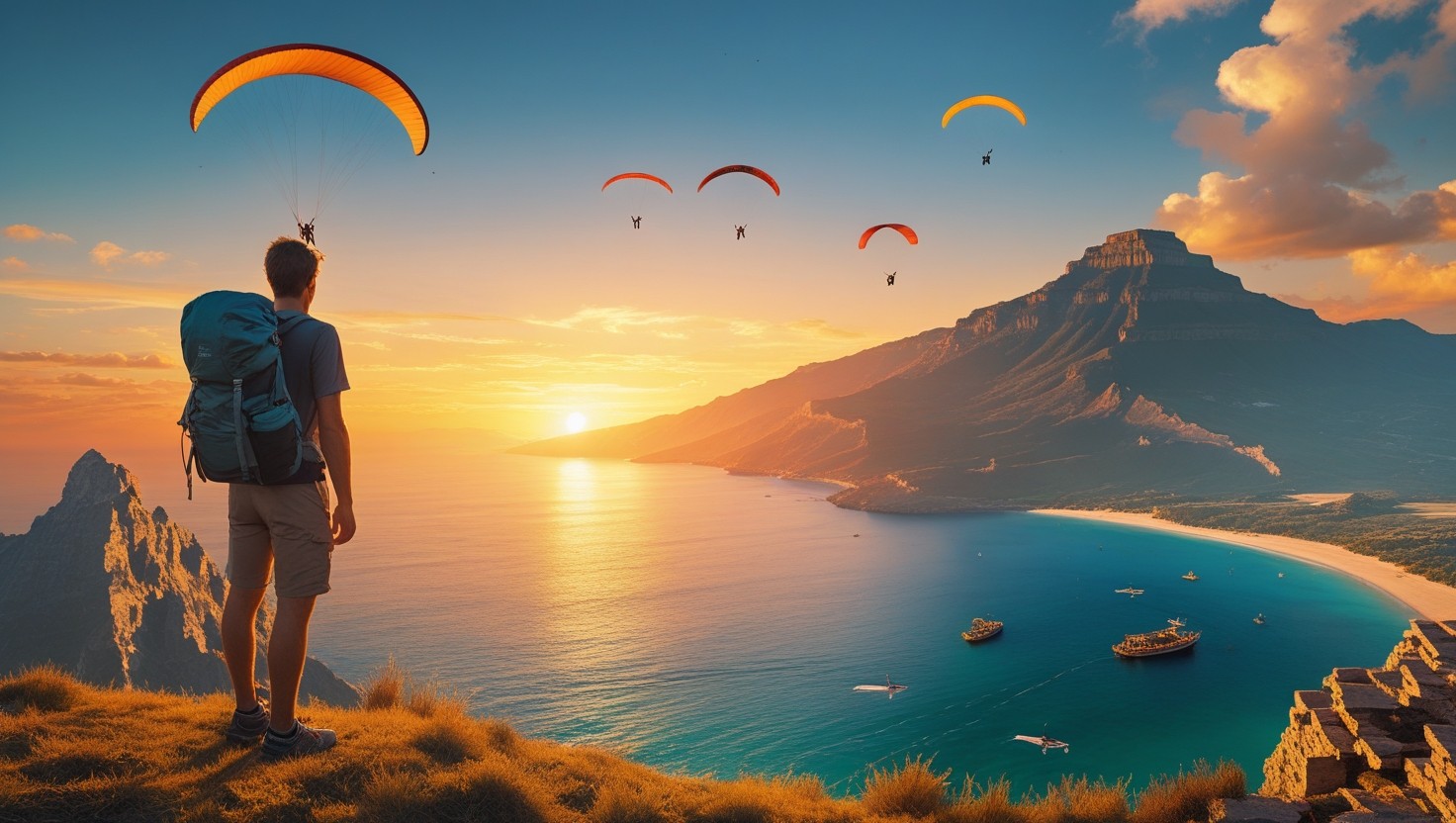 A breathtaking panoramic view of a mountain peak at sunset. In the foreground, a lone backpacker stands with their back to the viewer, gazing at the sun sinking into the ocean horizon. In the distance, a group of tiny paragliders soars gracefully over another mountain peak. Closer to the sea, a small boat with divers prepares for an underwater adventure near the shoreline. To the right, the ruins of an ancient civilization sit atop a distant mountain, subtly visible, adding a touch of history and mystery to the scene. The composition is vibrant and atmospheric, with warm golden hues of sunset blending into the cool blues and greens of nature.