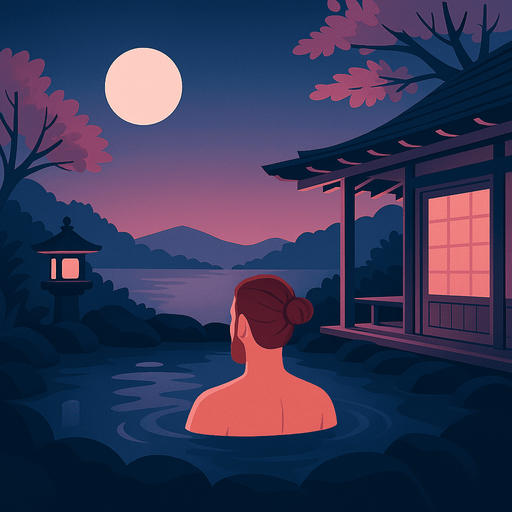 Illustrasjon av en mann i en utendørs vannkulp som ser ut over et stille vann i måneskinn.