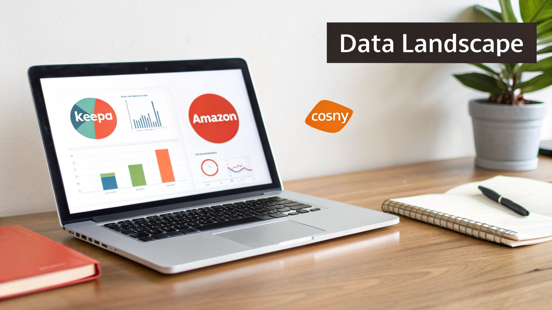 A laptop displaying data analytics for Keepa and Amazon, with Cosny logo and 'Data Landscape' text.