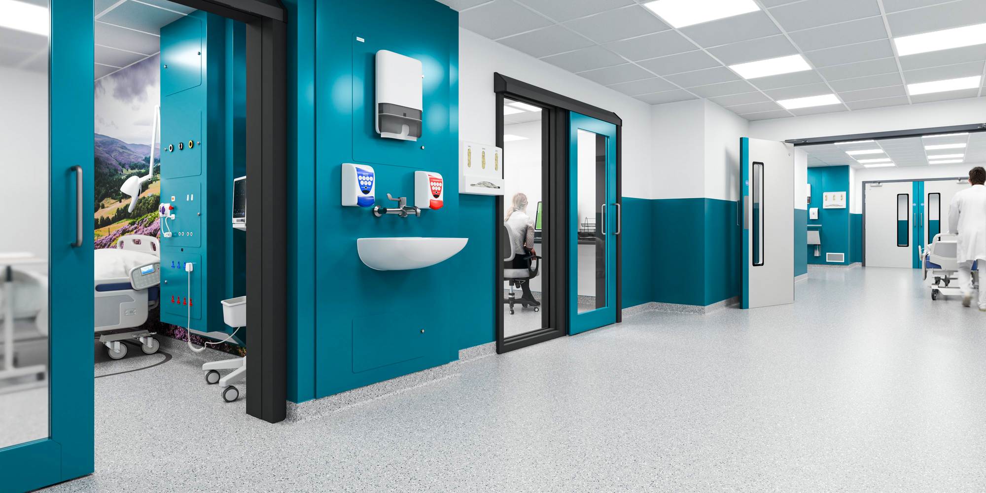 Healthcare environment showing Trovex IPS, bed head trunking, hygienic doors and wall cladding systems